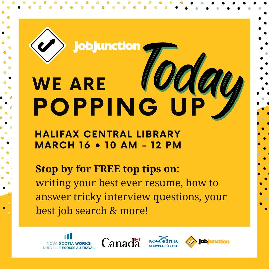 Job_Junction's tweet photo. Job Junction is popping up today at Halifax Central Library 10am-12pm. Stop by for a #coffee & chat. Are you searching for work? One of our free services or a bit of advice might be just what you need to find that great job!
#HalifaxCentral #SpringGarden #jobsearch #chat #free https://t.co/rZMAoLGLoh