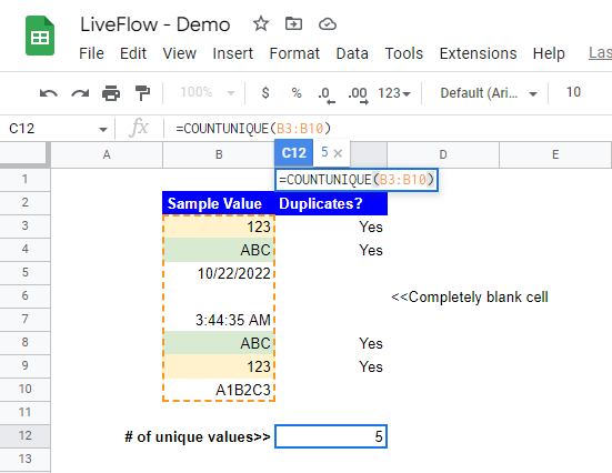 LiveFlow_com's tweet image. Analyze #LargeData and gain insights.

The #COUNTUNIQUE function in #GoogleSheets is used to count the number of unique values within a range of cells. This function allows you to quickly identify the number of distinct values in a given range.

Learn: 👉bit.ly/403sdbK