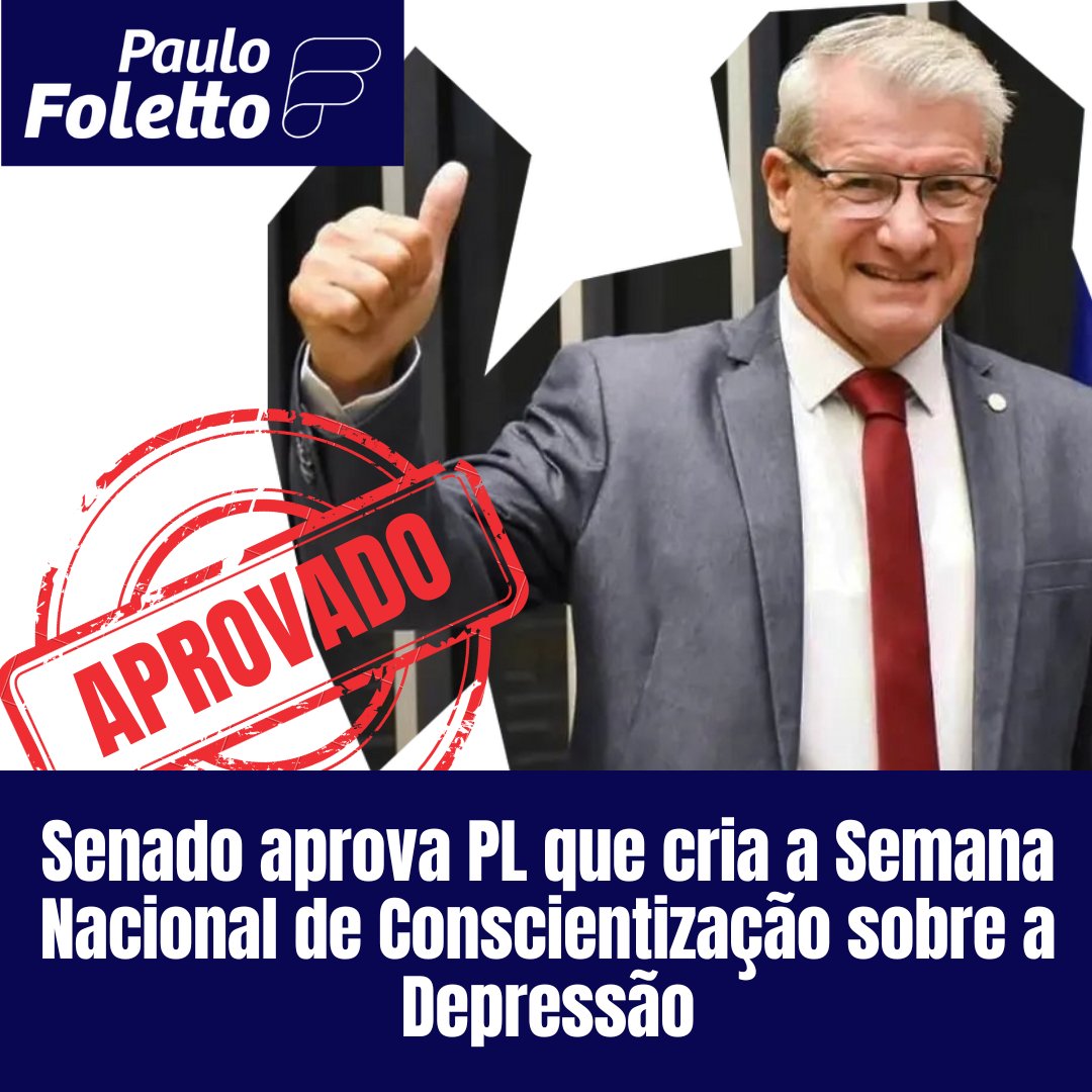 Projeto de minha autoria foi aprovado no Senado Federal. Agora é lei! Teremos no calendário nacional um dia dedicado à depressão, doença que tem acometido parte significativa da sociedade. A ideia é propor ações governamentais tanto no âmbito federal, estadual como no municipal.