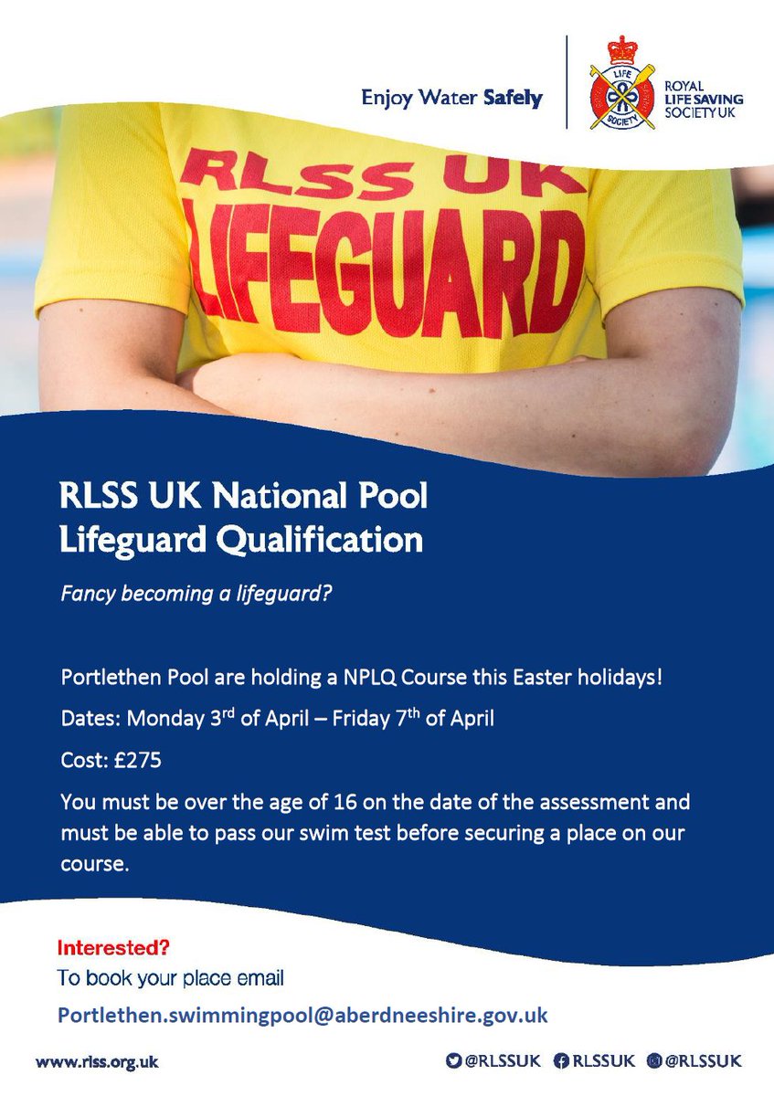 PortyPE's tweet photo. NPLQ 🏊‍♀️🏊‍♂️

Portlethen Swimming Pool are running a NPLQ course in the Easter holidays! 
This is a great opportunity to get qualified and potentially secure a job as a lifeguard in future. 

Contact PSP for more info 👍
@PortyAcad @PortyGuidance @ASAberdeenshire https://t.co/PxSo5Cv6Uj