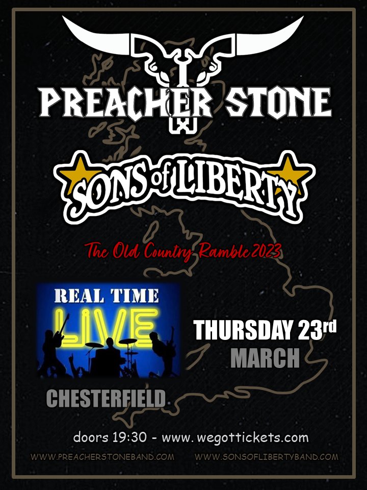 In seven days we'll be on the road heading to @RealTimeLive1 #Chesterfield on the 'Old Country Ramble' for co-headline show #2 with @PreacherStoneNC (USA) and @SonsLibertyUK Tickets: wegottickets.com/event/556988/ Sons photo: #JohnJowett #livemusic #newmusic #SouthernRock #uktour