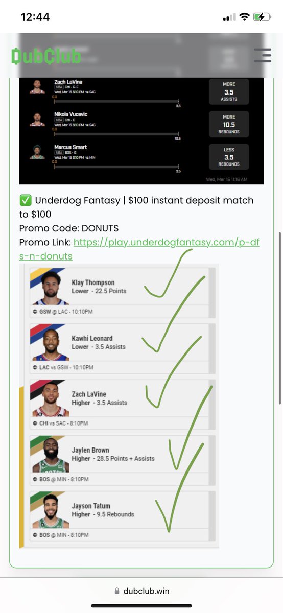 DFSnDONUTS's tweet photo. 👀The recap of all recaps🤯

SPORTSBOOKS went 6-0
✅ Harden o5.5 REB
✅ LaVine o3.5 AST
✅ Anderson o4.5 AST
✅ Brown o28.5 PTS AST
✅Kawhi Leonard o3.5 AST
✅Klay Thompson u22.5 PTS

PRIZE PICKS went 10-3 with a 5-0 slip
✅ Jaylen o28.5 PTS AST
✅ Anderson o4.5 AST
✅ LaVine o3.5 AST
✅ Vucevic o10.5 REB
✅ Smart u3.5 REB
✅ Harden o5.5 REB
✅ Tatum o9.5 REB
✅ DeRozan u4.5 REB
✅Kawhi Leonard o3.5 AST
✅Klay Thompson u22.5 PTS
🪝 Bam o8.5 REB
👎Kawhi u6.5 REB
👎Curry o5.5 REB

UNDERDOG FANTASY went 7-1 with a 5-0 slip
✅DDR u4.5 REB
✅Harden o5.5 REB
👎Horford o6.5 REB
✅LaVine o3.5 AST
✅Jaylen o28.5 PTS AST
✅Tatum o9.5 REB
✅Kawhi Leonard o3.5 AST
✅Klay Thompson u22.5 PTS

———————
🚨🚨🚨🚨🚨
100% free texted picks for 30 days promo ends as soon as I figure out how to turn it off after my morning ☕️ 

code: DONUT
link: https://t.co/kdp31W1Qs4

#gamblingtwitter #prizepicks #dubclub #UnderdogFantasy @dubclub #underdogpicks #prizepicksnba #dfs #playerprops #nbapicks #parlays