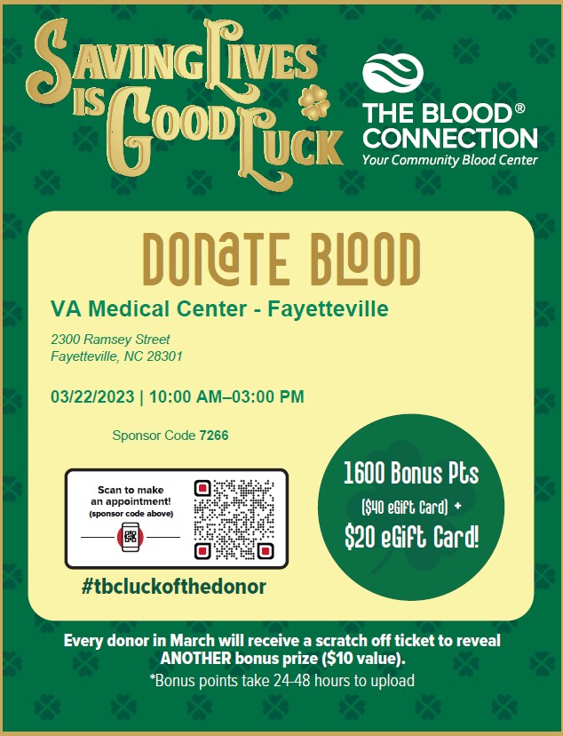 Join us March 22, 10 a.m. - 3 p.m. at our 2300 Ramsey St Campus.  #SaveLives with your valuable blood donation. $60 e-gift cards for all donors! #CumberlandCountyNC  #FayettevilleNC #HopeMillsNC  #SpringLakeNC #FortBraggNC #BloodDonation @BloodConnection