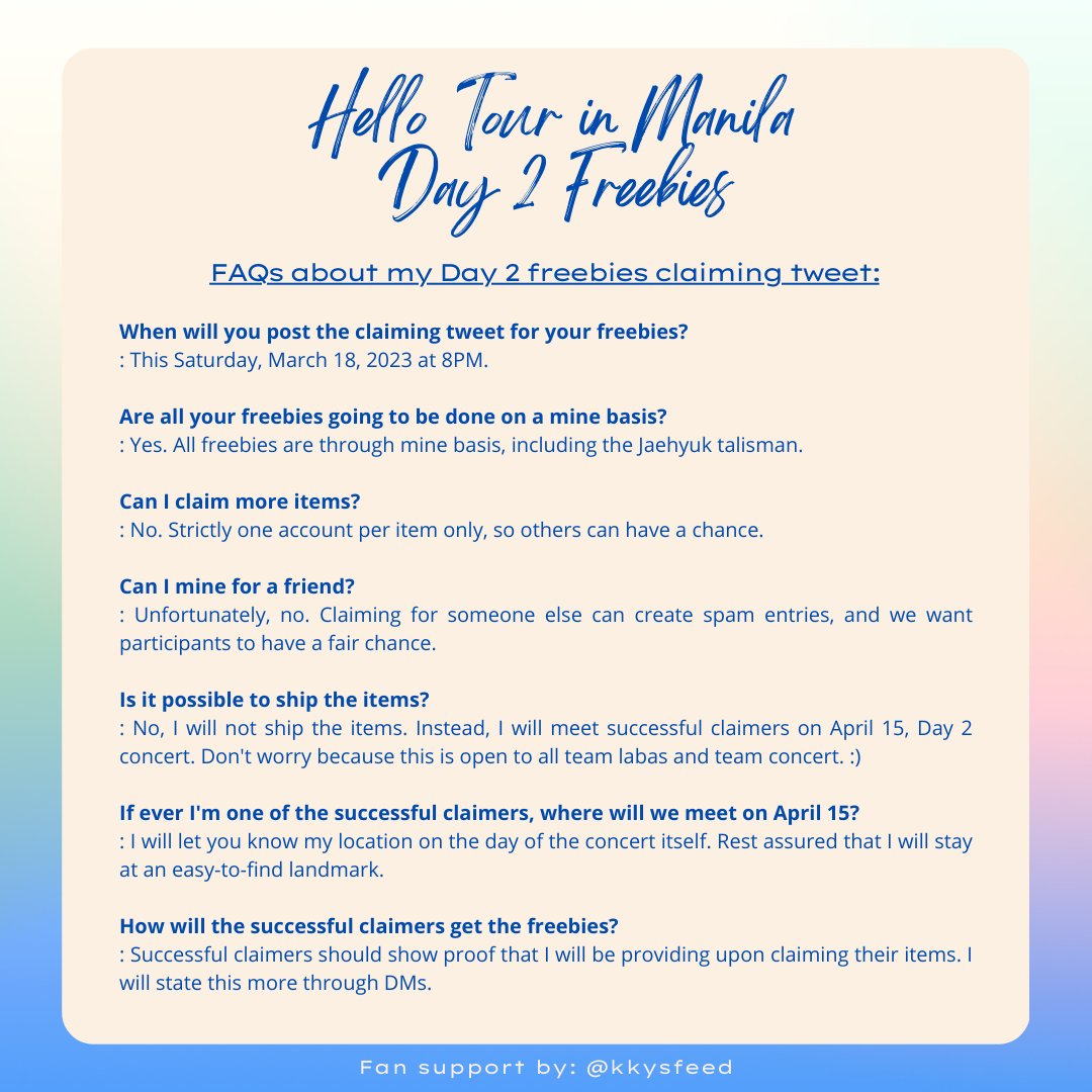 kkysfeed's tweet photo. Teu-hi! Here are the details and mechanics for the claiming tweet for my #HELLOinMANILA Day 2 freebies. You can comment down below if you have any more questions. Thank you!💙

You can also retweet this to reach more teumes who are interested in joining.  >< https://t.co/RlVAfs4DJQ