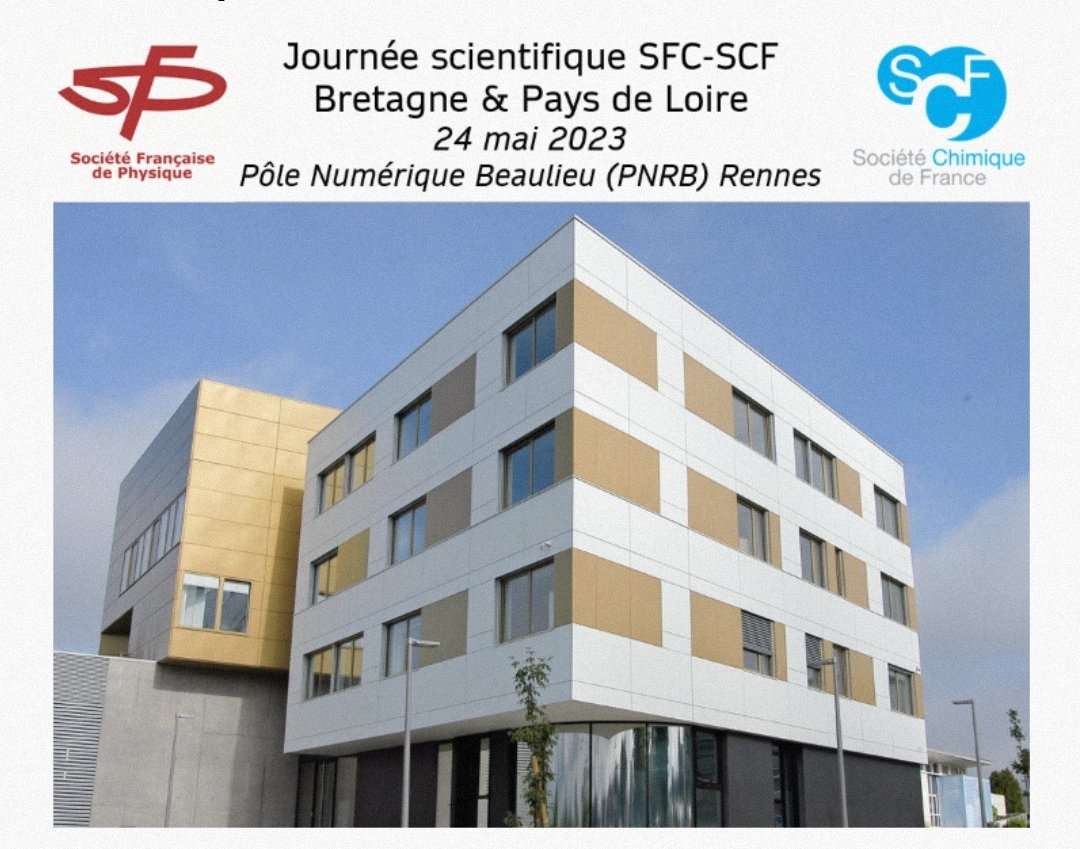 Journée de rencontre Physique-Chime organisée par nos 2 sections regionales, autour de 2 conf. plénières et 6 keynotes à l'interface des 2 domaines :
📅 24 Mai 2023
🏢 PNRB Rennes
📌 Session poster
Inscription gratuite mais obligatoire
Toutes les infos sur js-scf-sfp-bpl-2023.sciencesconf.org