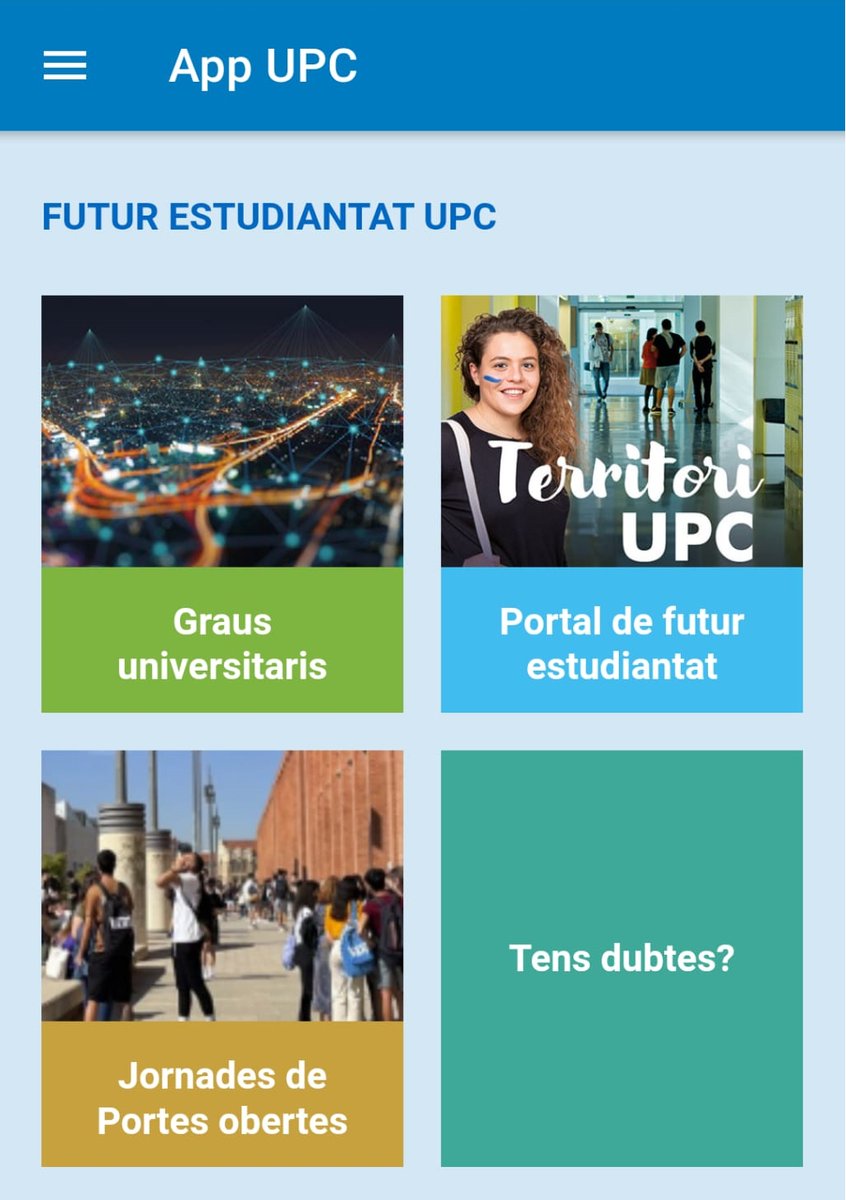 la_UPC's tweet photo. Sabies que l'#AppUPC també inclou tota la informació que necessites per entrar al #territoriUPC? Hi trobaràs:
➡️ #grausUPC
➡️ Portal de futur estudiantat
➡️ Jornades de portes obertes
➡️ Tens dubtes?
🔹Apple Store: https://t.co/ePyuS8yPQv
🔹Google Play: https://t.co/AiSl71epM8 https://t.co/bqMl8Gn28z