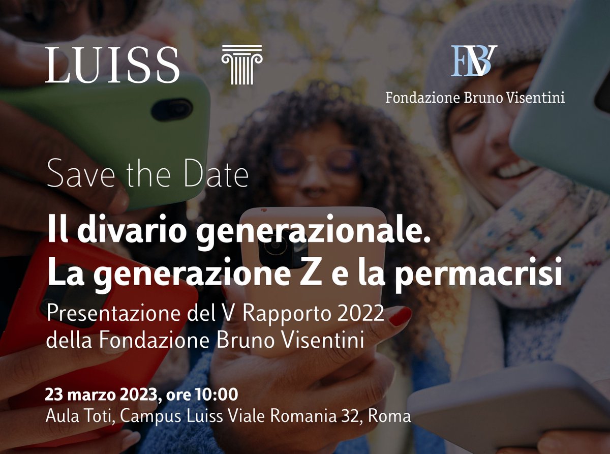 #Savethedate  ✍️ 🗓 

Giovedì 23 marzo presso la sede <a href="/UniLUISS/">Luiss Guido Carli</a> di Viale Romania avrà luogo il convegno di presentazione del V Rapporto sul #divario_generazionale a cura del nostro #Osservatorio sulle Politiche Giovanili.

Per registrarsi online👇
luiss.webex.com/webappng/sites…