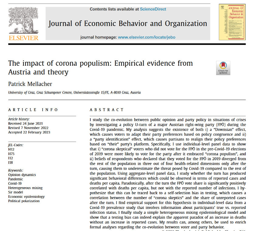 Extremely happy to finally see my paper "The impact of corona populism: Empirical evidence from Austria and theory" out in the Journal of Economic Behavior &amp; Organization #JEBO Main (updated) findings below 👇 1/x
Partially funded by <a href="/FWFOpenAccess/">FWF - Research Policy</a> 
doi.org/10.1016/j.jebo…