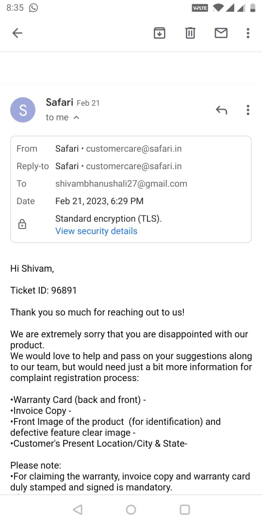 vivek_mav's tweet image. Very bad service from @SafariBagsIndia 
 I was told that wheels and chains are covered under Warranty and now, when I am asking for the service, getting same emails again and again from the team

@consumerforum_
@amazonIN
@Flipkart 
@dmart
@spar