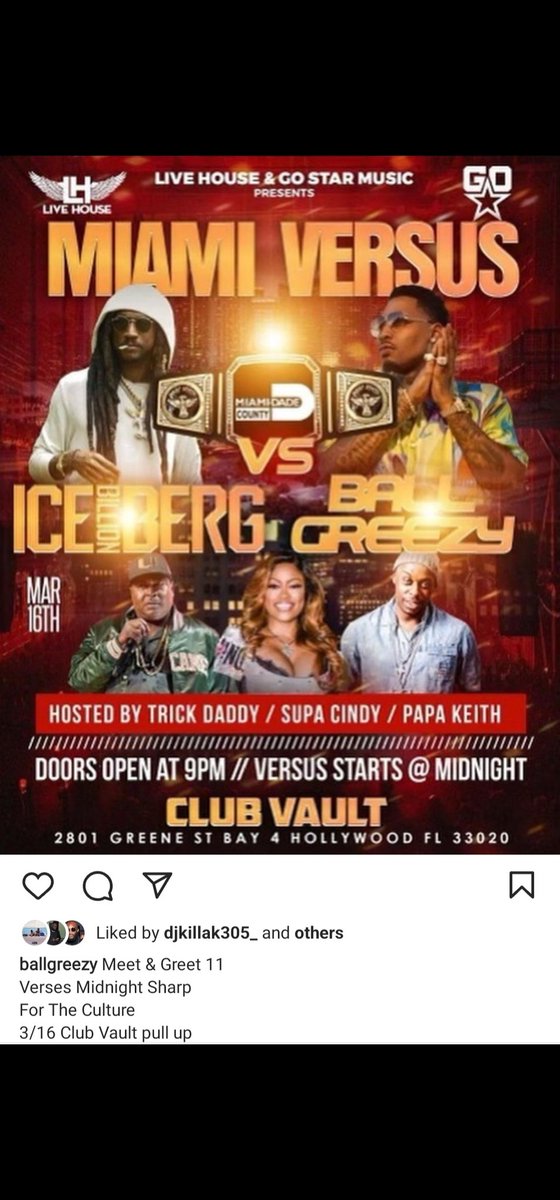 cubanbaby77's tweet photo. TONIGHT IN HOLLYWOOD. 
DADE COUNTY STYLE VERSUS✔️
@IceBerg305 VS @Realballgreezy 🎶
Meet n Greet is BEFORE. starts at 11, show at 12. COME VIBE🎯 It's ALL LOVE✌🏾 https://t.co/WR0d7rR7nY