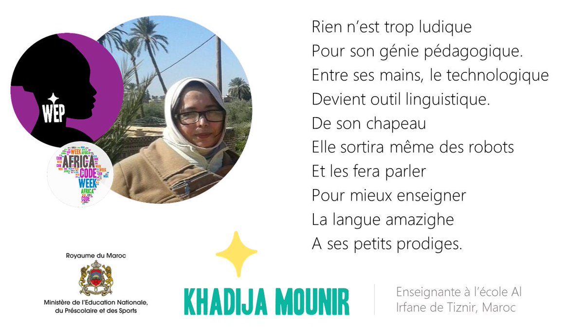 SCRATCH, #MCE, Minecraft:
Of #ICT in #teaching
She is a beloved #queen.
She'll even bring #robots to life
To make #Amazigh #learning
Altogether #amazing.
Hats off to #KhadijaMounir
From Irfane School in #Tiznir. 🇲🇦
📽️ lnkd.in/eacF8fDZ 
#WEP2023 <a href="/TinmlT/">Tinml Tamazight</a>