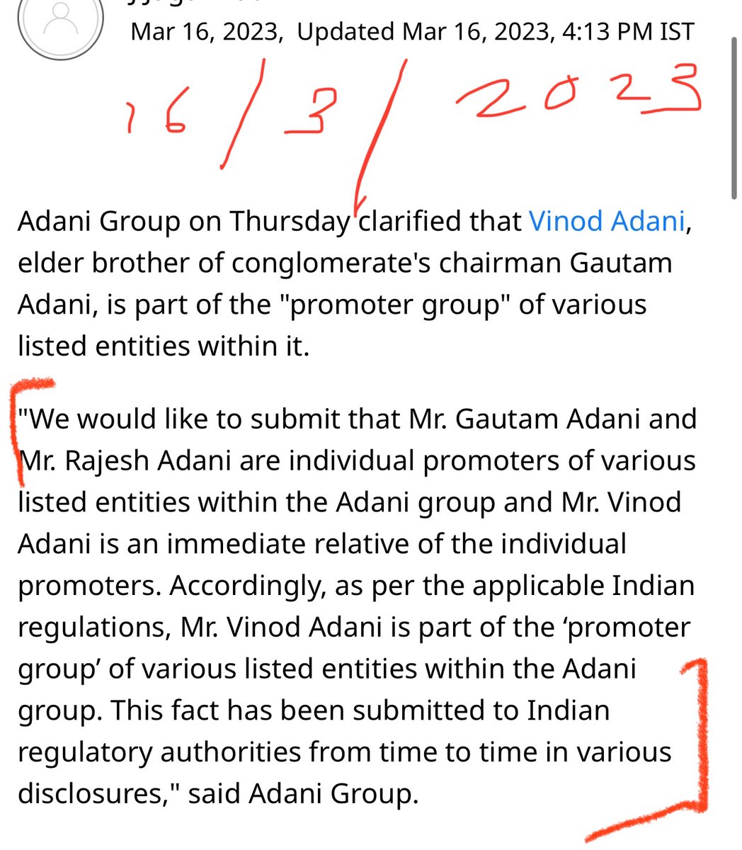 MahuaMoitra's tweet photo. Adani in Jan said - “Vinod Adani does not hold any managerial position in any Adani listed entities or their subsidiaries &amp; has no role in their day to day affairs”

Today it says “ Vinod Adani is part of the ‘promoter group’ of various listed entities within Adani group” https://t.co/TFiZU9GCst