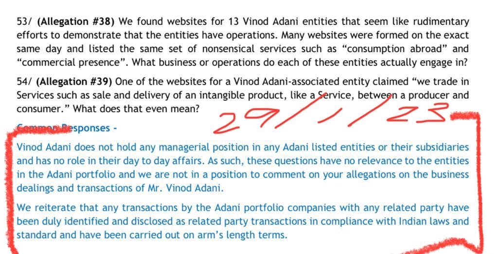 Adani in Jan said - “Vinod Adani does not hold any managerial position in any Adani listed entities or their subsidiaries &amp; has no role in their day to day affairs”

Today it says “ Vinod Adani is part of the ‘promoter group’ of various listed entities within Adani group”