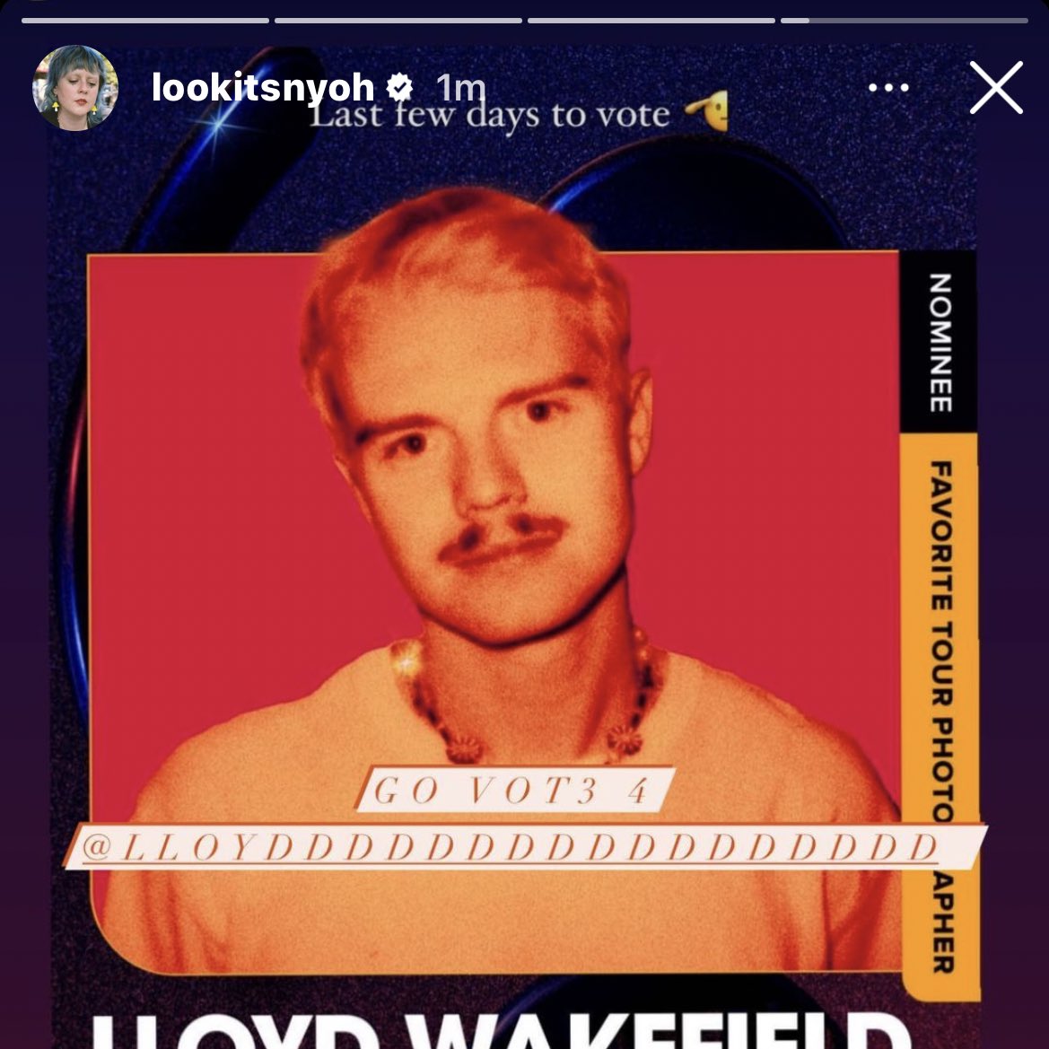 hsbandflorals's tweet photo. NY OH ALSO MADE A REMINDER IN HER STORY TO VOTE FOR LLOYD SO IT IS TIME TO RT THIS TWEET PLSSSSSS 🙏

I’m voting #LloydWakefield for #FaveTourPhotographer at the #iHeartAwards https://t.co/SpynIEUK0M