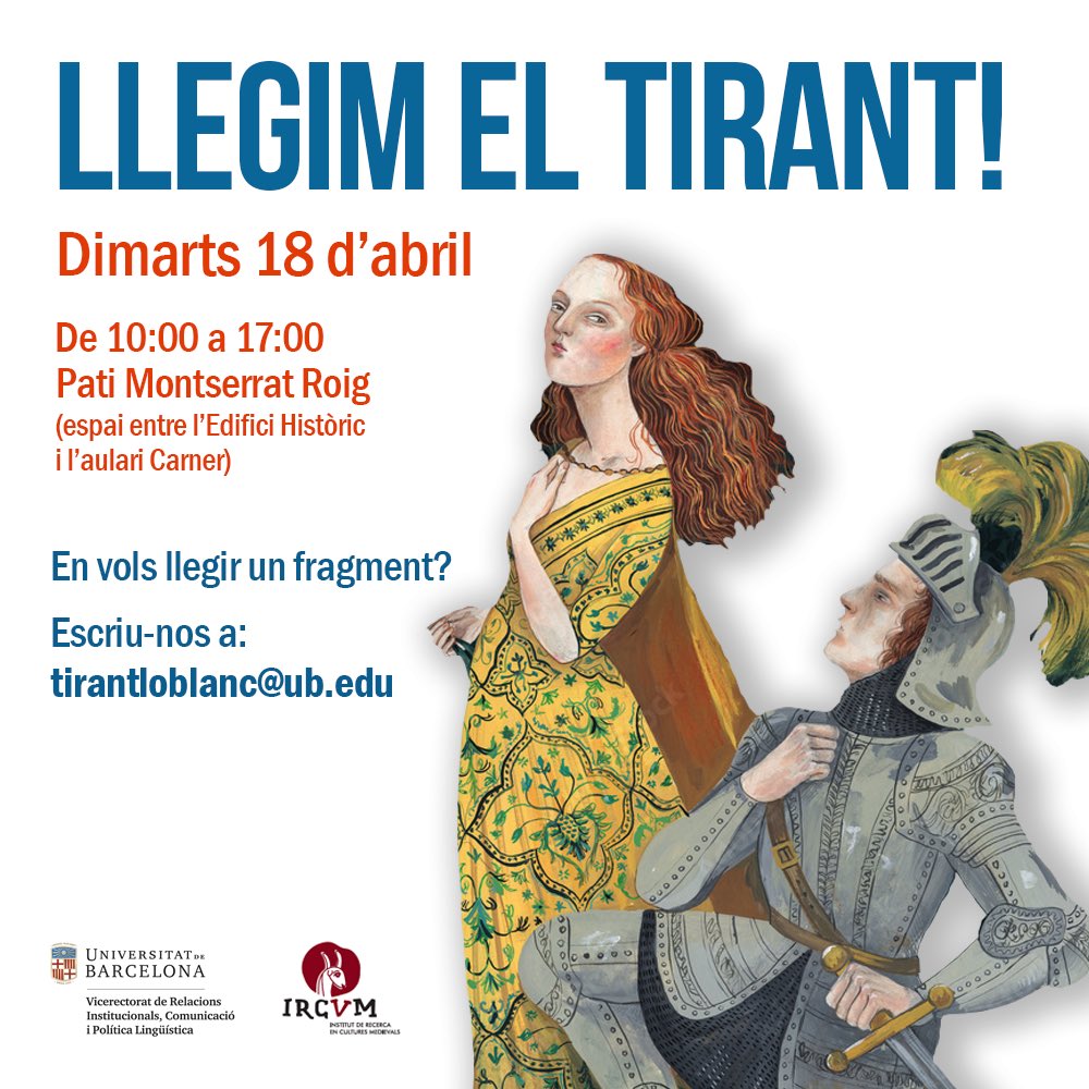 #SantJordiUB | 📖 T’imagines llegir el Tirant durant 7⃣ hores seguides? Aquest és el repte que ha llançat un grup d’amants del Tirant i que faran realitat el 18 d’abril.

🗣️ T’animes a llegir-ne un fragment? Escriu a 𝘁𝗶𝗿𝗮𝗻𝘁𝗹𝗼𝗯𝗹𝗮𝗻𝗰@𝘂𝗯.𝗲𝗱𝘂 i posem fil a l’agulla!