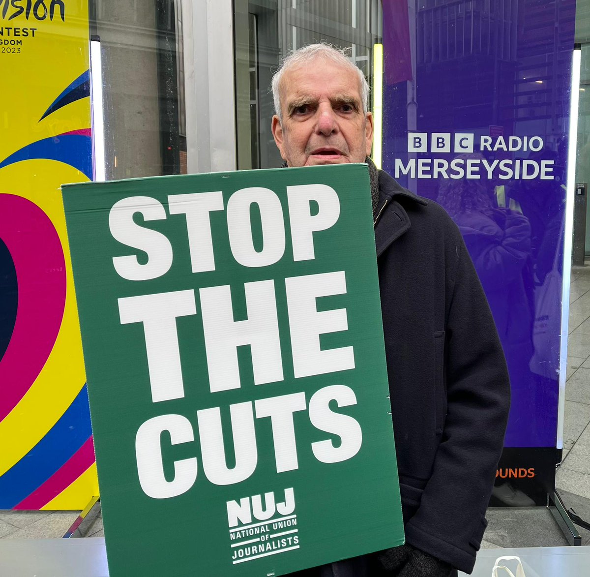 Loyal BBC Radio Merseyside listener Bernie is 83 years young and joined the picket today to show support for a station he has been listening to since it went on air. ✊ #KeepBBCLocalRadioLocal #NUJBBCStrike