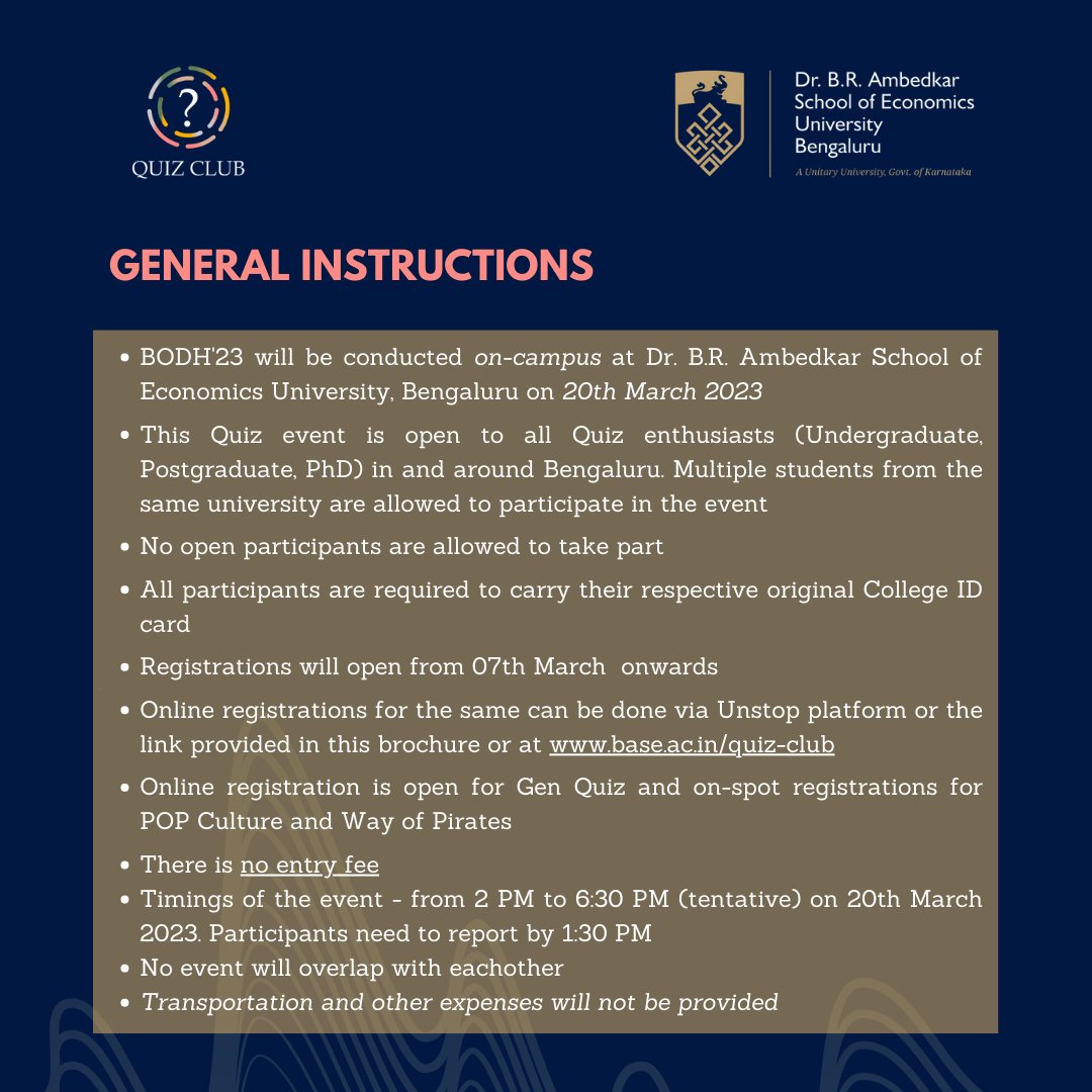 baseu_quizclub's tweet photo. Get ready for BODH'23! 🎉

Here are some important guidelines for participants to follow to ensure a smooth and fun event.

Please read them carefully and reach out to us if you have any questions. Let's make this the best BODH yet! 

#BODH23 #baseuniversity #baseuquizclub https://t.co/AcrC10S19r