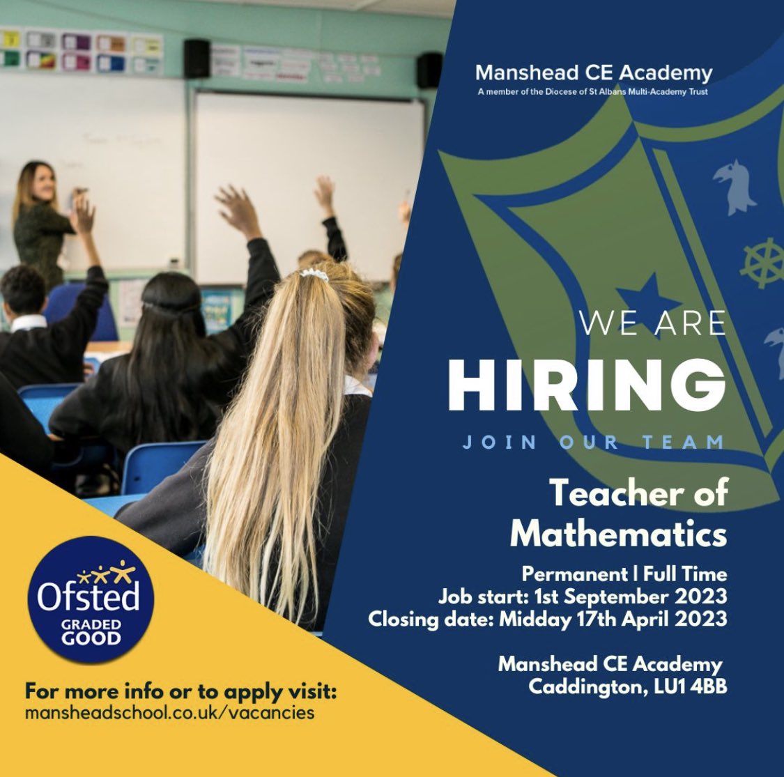Manshead is a fantastic place to work and develop as a teacher, Ofsted have rated us ‘Good’ too!

We are seeking to appoint a Teacher of Maths who shares our determination to change lives through the education we provide.

#MansheadCEAcademy
#Maths