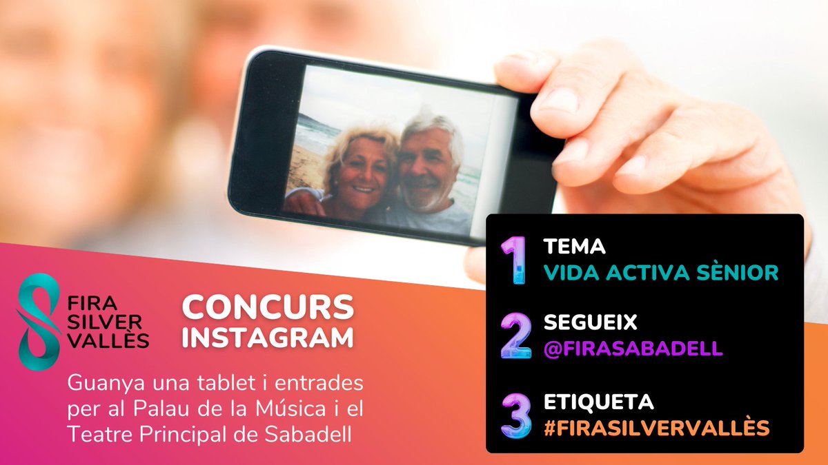 FiraSabadell's tweet photo. 📸Vols guanyar una tablet o anar al Palau o al Principal❓

1️⃣Publica a INSTAGRAM 1 o 2 fotos amb el tema
🧑‍🦳👉'gent gran amb una vida activa i plena de nous aprenentatges'
2️⃣Fes-te seguidor/a de @firasabadell
3️⃣Etiqueta #FiraSilverVallès

⚠️Fins 27 març

🔗https://t.co/cEazMUzuAF https://t.co/vZ4TKYLBRV