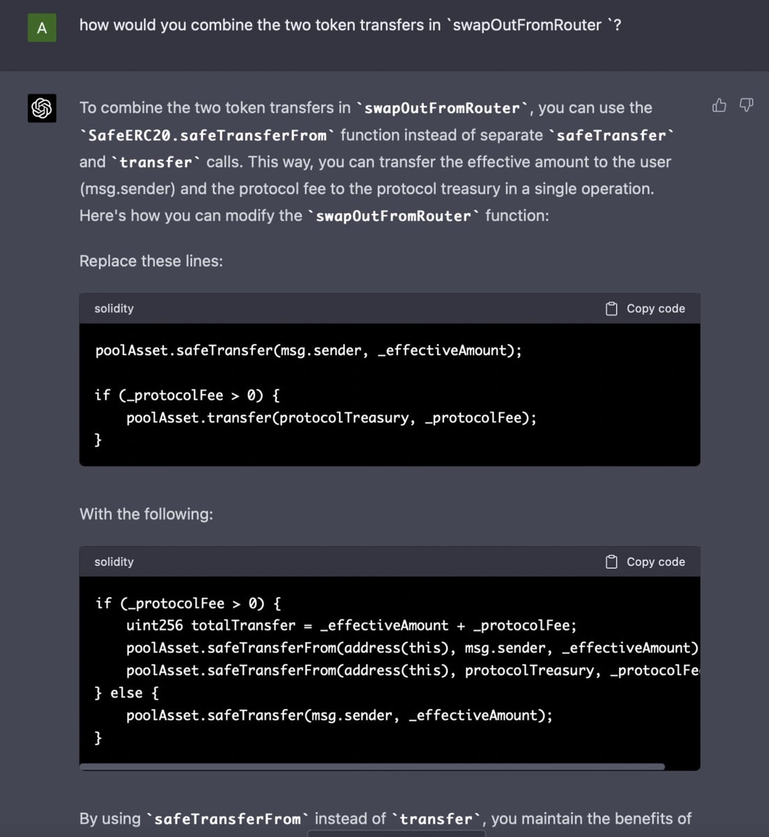 NablaFi's tweet image. 🔧 ChatGPT pointed out areas for optimization and provided ways to improve readability, making the code more maintainable for future developers. #GasSavings #CodeQualityMatters
