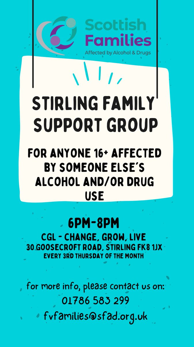 Join us this evening for our monthly #FamilySupportGroup in Stirling, for anyone 16+ affected by someone else's alcohol and/drug use #YouAreNotAlone @ScotFamADrugs @LenaSfad @cshscp @StirVolunteer