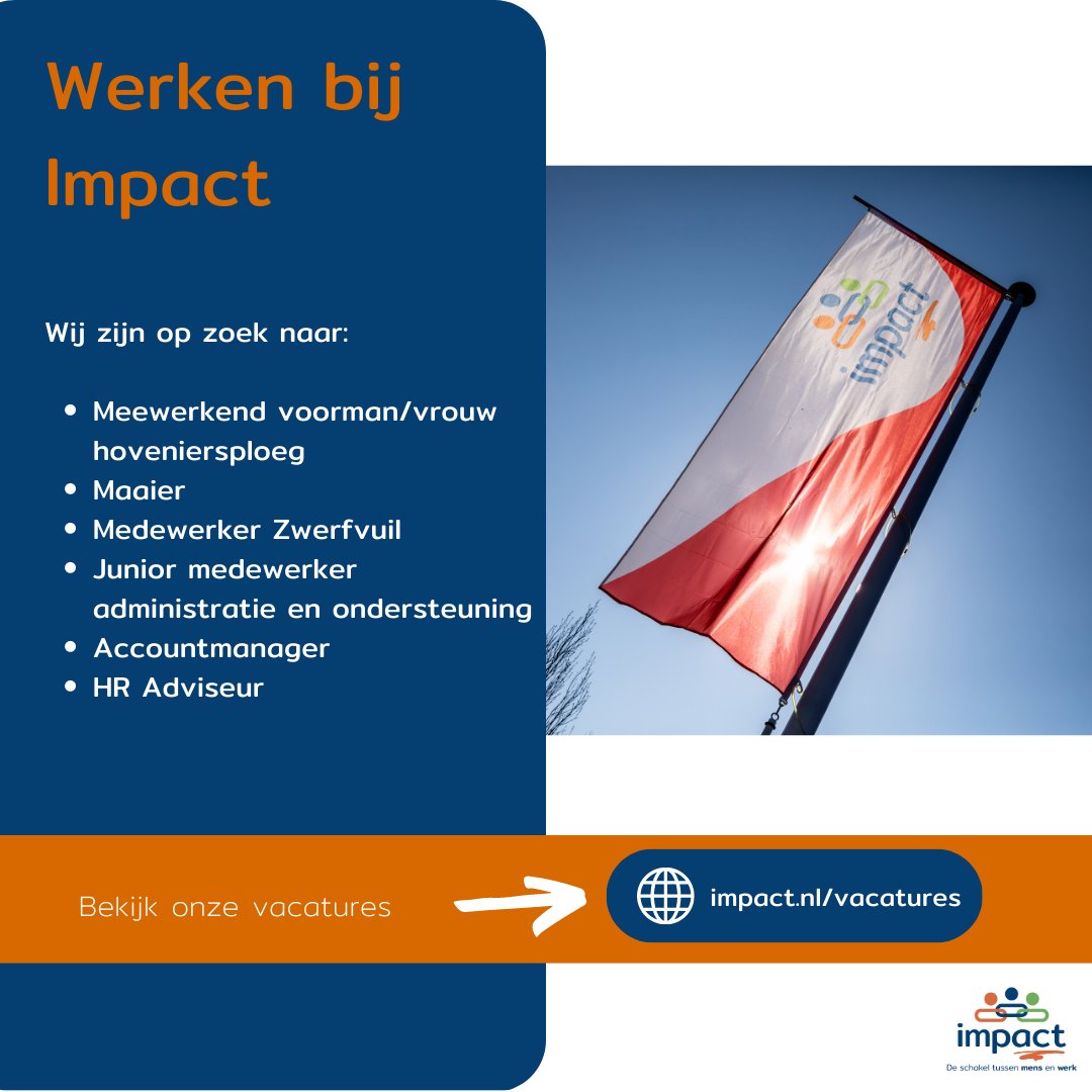 Werken in een inspirerende werkomgeving? Kom werken bij Impact. Wij hebben verschillende interessante vacatures open staan: impact.nl/vacatures.

#vacatures #werken #baan #Impact #Kampen #Dronten