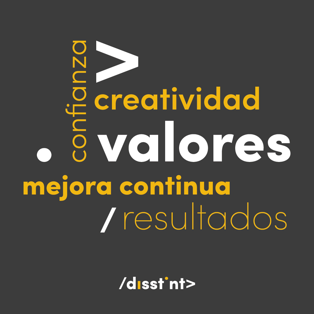 ¡Nos encanta enseñaros cómo hacemos las cosas en disstint! Somos un equipo lleno de ilusiones, inquietudes y muchas ganas 🤩 Pero déjanos hablarte de algo que todavía no sabes… 🤫 ¡Nuestros valores! ¿Los conocéis? ⤵️

Confianza, creatividad, mejora continua y resultados.