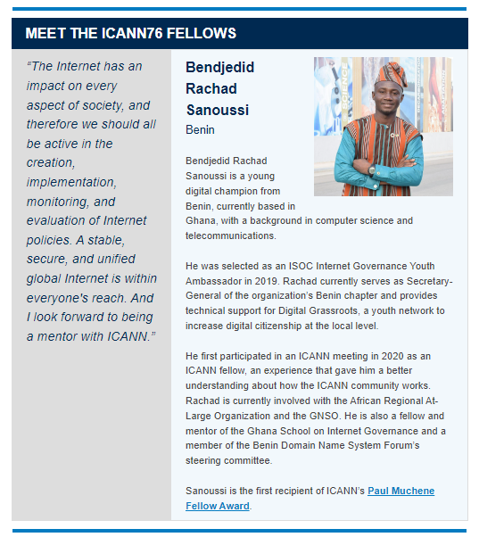 rachadsanoussi's tweet photo. β¨It's an honour to be the face of @ICANN fellowship on #ICANN76 newsletter and the #first recipient of the #PaulMuchene Fellow #Award. It gives me a new #impetus. Super excited to meet @bukkiewole, the recipient of #TarekKamel Fellowship Award
#AtLARGE76 #AskAtLarge #AFRALO https://t.co/wnmuTSAzcX