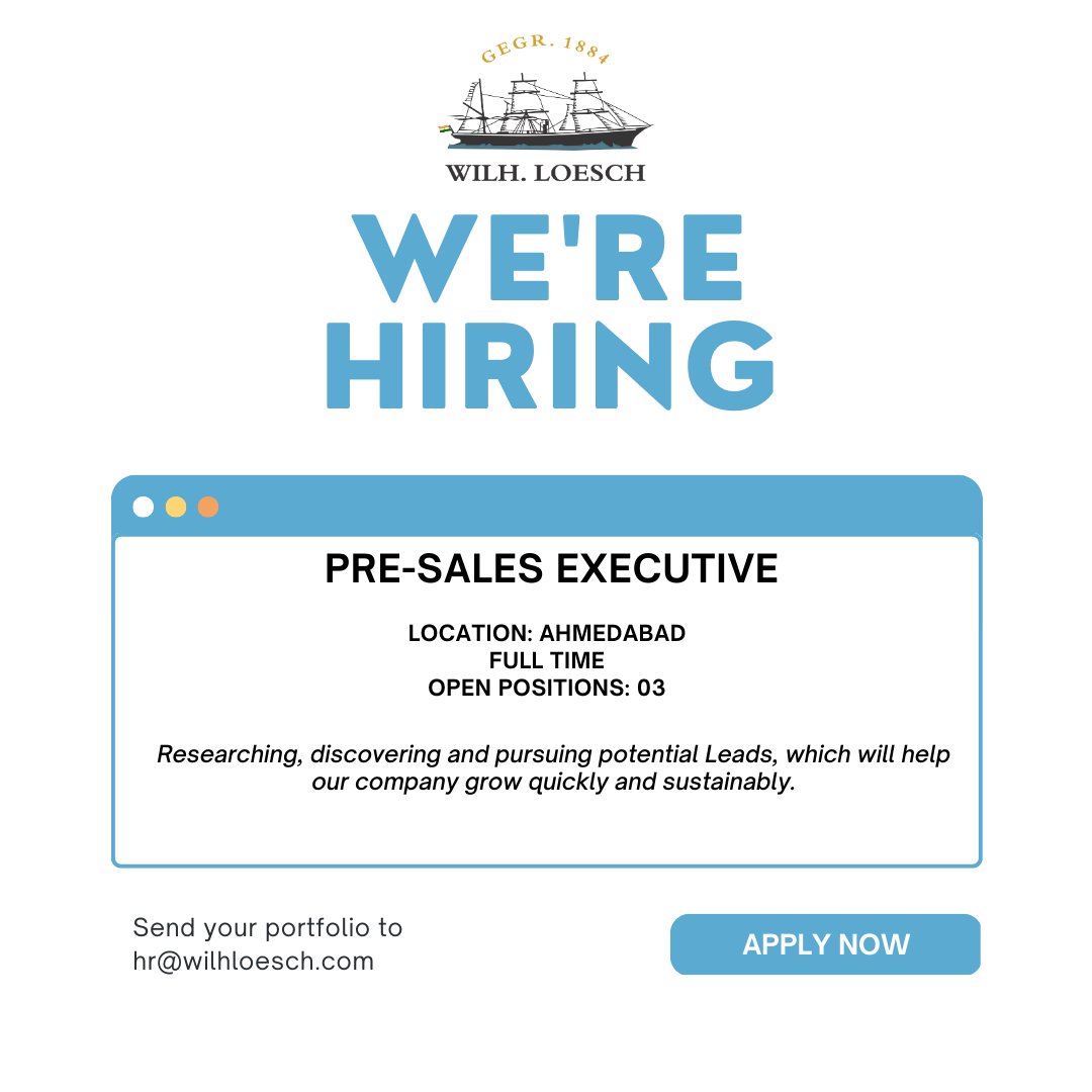 #wearehiring
Looking for a Pre-Sales Executive to join our team.

#sales #businessdevelopment #salesjobs #career #hiring #ahmedabadhiring #salesexecutive #opportunity #hiringnow #sharecv #wilhloesch #ahmedabadjobs #jobposting #ahmedabad