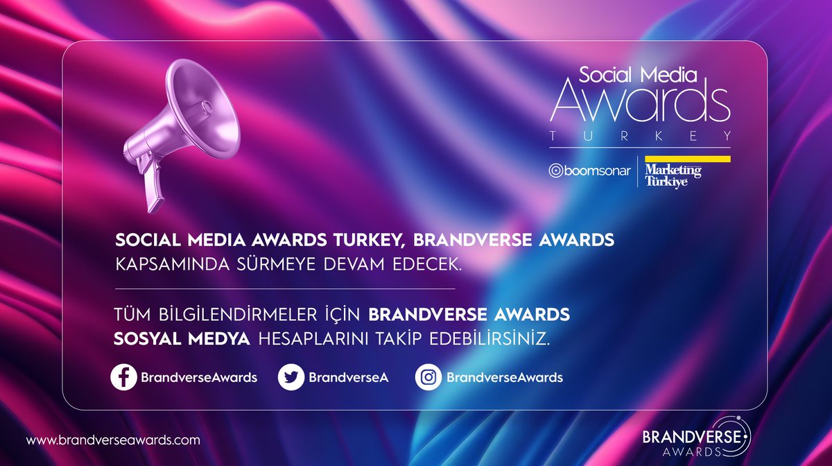 Social Media Awards (@smawardsturkey) on Twitter photo Social Media Awards Turkey, sosyal medya ve dijitalin en başarılı marka ve projelerini ödüllendirmeye Brandverse Awards kapsamında devam edecek.
Yarışma takvimi, katılım kuralları ve diğer tüm detaylardan haberdar olmak için <a href="/BrandverseA/">Brandverse Awards</a> hesabını takip edebilirsiniz. Social Media Awards Turkey, sosyal medya ve dijitalin en başarılı marka ve projelerini ödüllendirmeye Brandverse Awards kapsamında devam edecek.
Yarışma takvimi, katılım kuralları ve diğer tüm detaylardan haberdar olmak için <a href="/BrandverseA/">Brandverse Awards</a> hesabını takip edebilirsiniz.