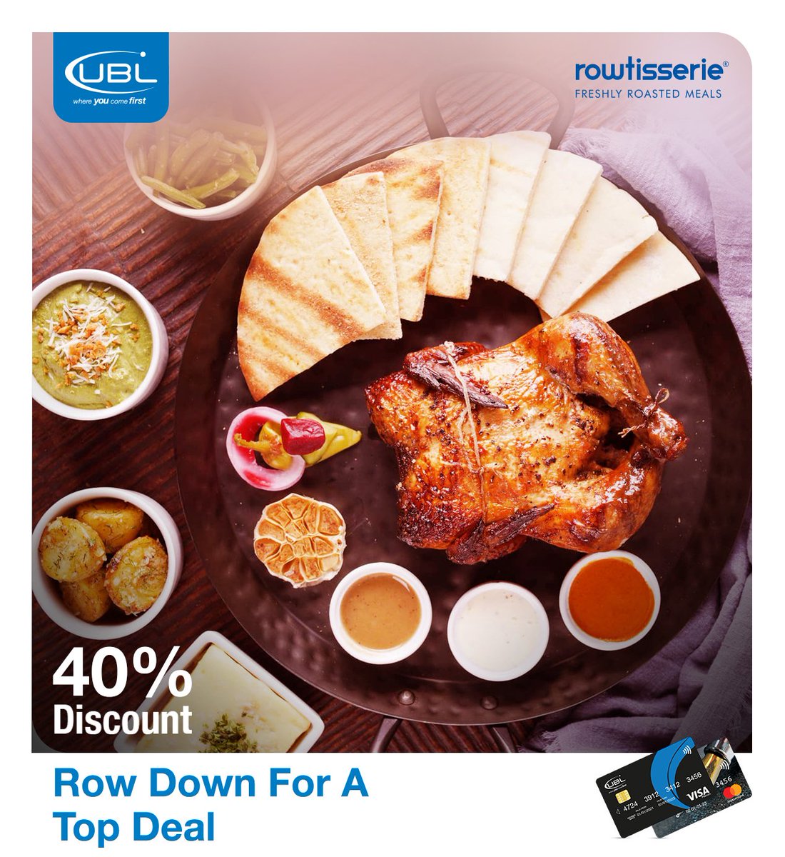 UBLDigital's tweet photo. Satisfy your cravings and your wallet - get 40% off your bill at Rowtisserie with your UBL Card. It's a win-win!
#UBL #UBLDiscounts #Rowtesserie #UBLCards #UBLPlatinumCreditCard #UBLSignatureDebitCard #BestInDigitalInnovation #BestDigitalBank2022 https://t.co/2UcM38JQYQ