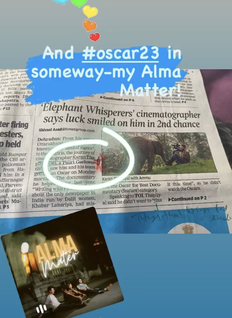 adityaization's tweet photo. #Oscar in someway-my alma matter #TheElephantsWhisperers https://t.co/ZicBFcJNcT