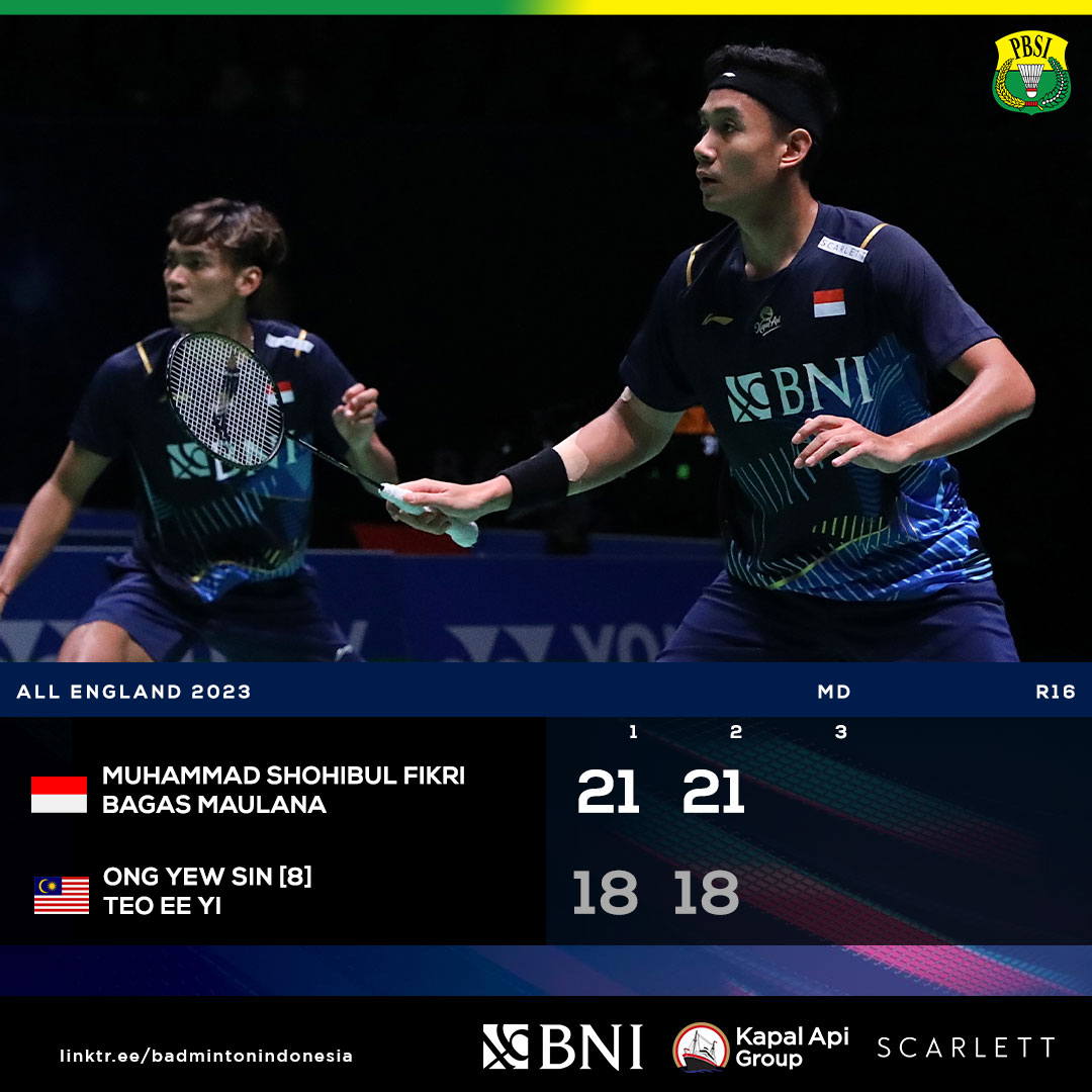 INABadminton's tweet photo. Juara bertahan melaju! Semangat luar biasa dari Bagas/Fikri! 🫡

#AllEngland2023 https://t.co/tdLoe4V26v