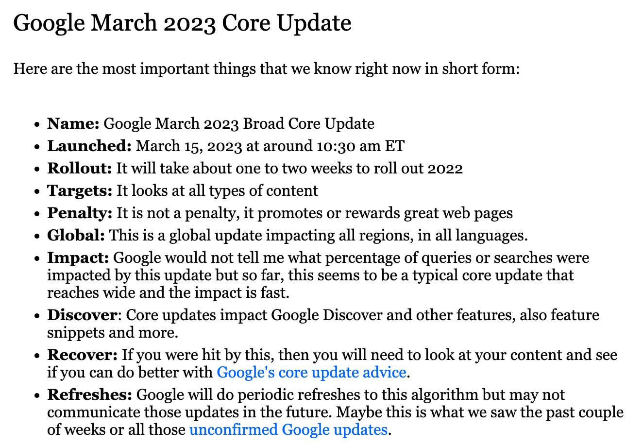 Barry Schwartz on Twitter: "Quick summary of the Google March 2023 broad  core update https://t.co/3Qkh4OCiSY https://t.co/xcmSRS46GY" / Twitter
