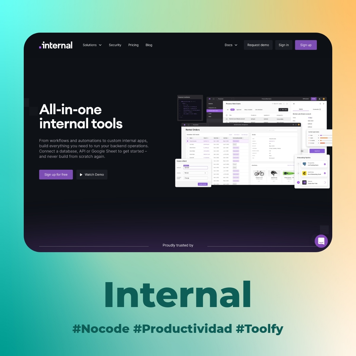 Internal está diseñado para ayudarte a construir apps internas de manera rápida y fácil, sin necesidad de programar. Trabaja sobre tus propios sistemas, APIs y bases de datos existentes para hacer tu trabajo aún más eficiente.

#nocode #nocodetools #nocodeapps #digitaltools