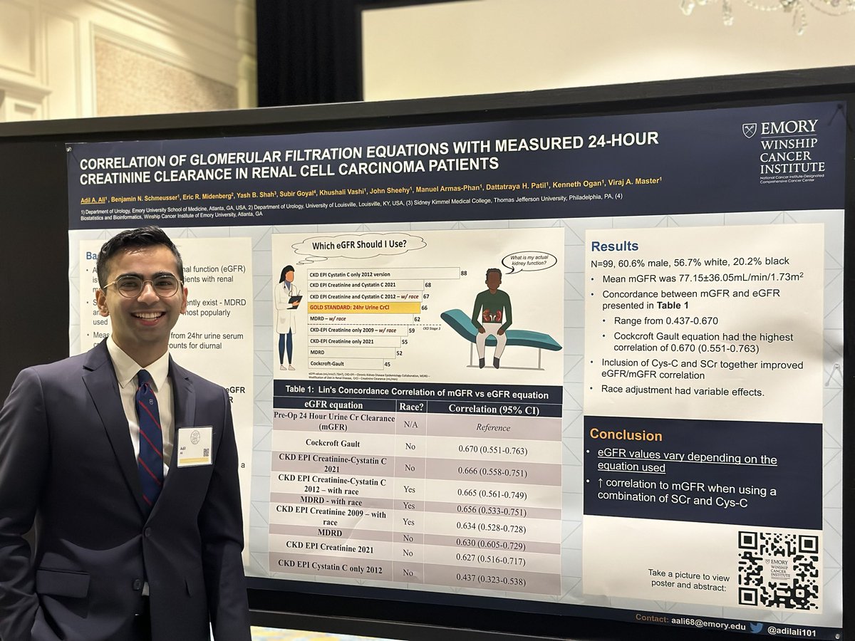 VikramNarayan's tweet photo. Really terrific discussions this morning at #SESAUA23 with @adilali101 and @b_schmeusser kicking off the Kidney - Malignant/Benign session discussing the nuances of eGFR measurement @EmoryUroOnc @emory_urology @WinshipAtEmory @virajmaster @bilenma #kenogan https://t.co/ReOXbkNGvn