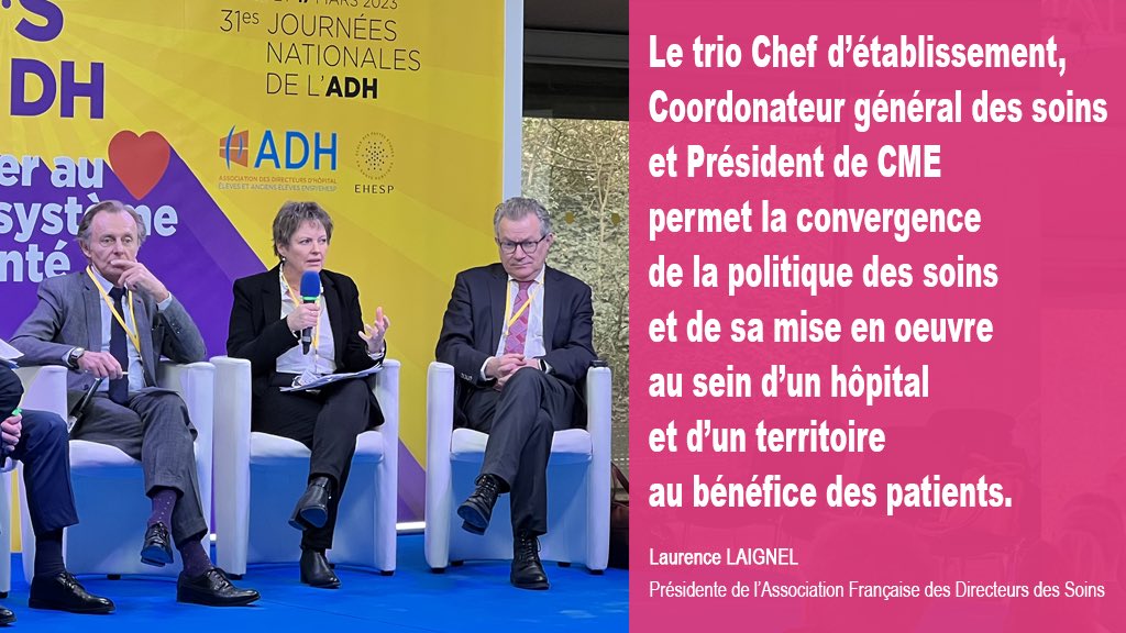 #JournéesADH2023 | "Le trio Chef d’établissement, Coordonnateur général des soins et PCME permet la convergence de la politique des soins et de sa mise en œuvre au d'un sein d'un hôpital et d’un territoire au bénéfice des patients" (@l_ADH)
🗣️ L. Laignel, Pdte de l’<a href="/AFDS_Officiel/">AFDS</a>