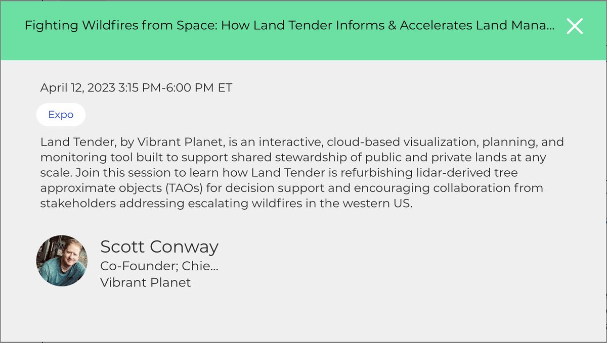 Attending @planet's #PlanetExplore2023 conference this April? 🌎 Our co-founder Scott Conway will be showing how our app Land Tender informs and accelerates land management from space 🛰️🔥🌲 Don't miss it!