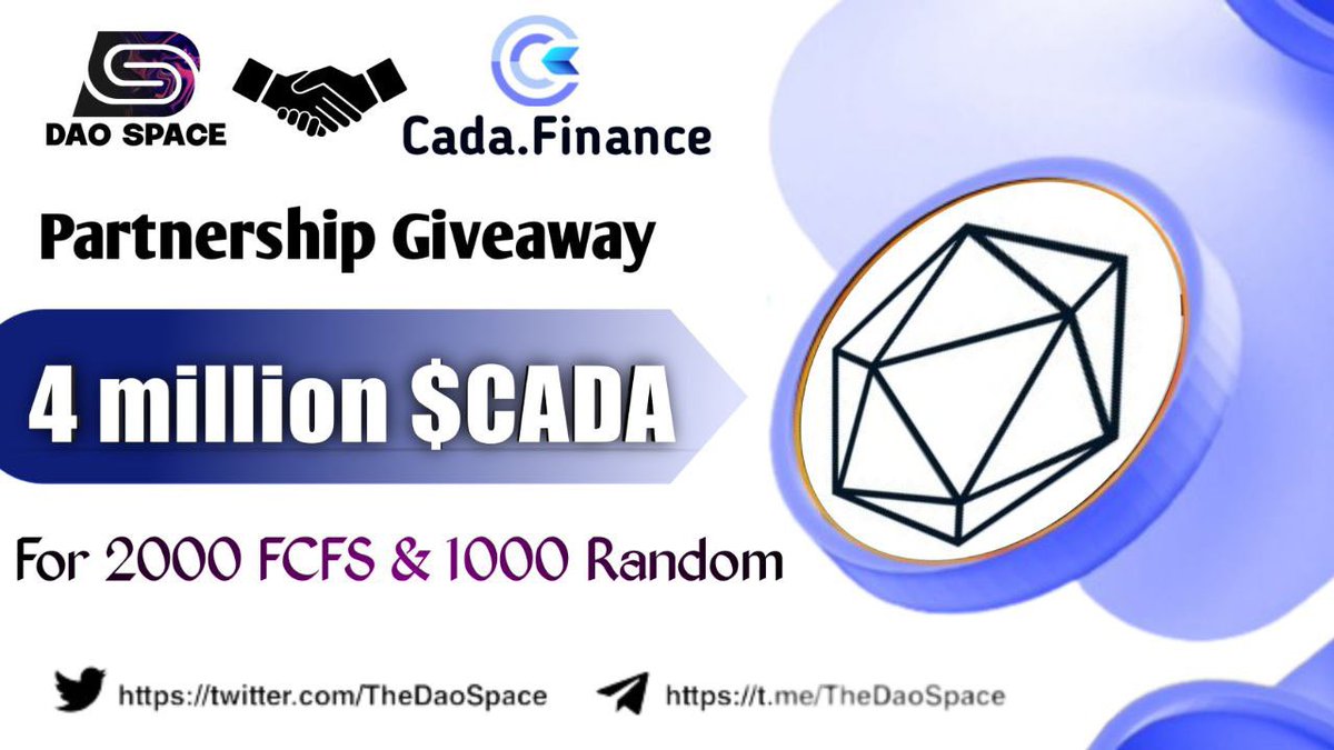 DAO Space (@thedaospace) on Twitter photo 🎉DAO Space X CadaFinance #FCFS Big #Airdrop
🤑Reward: 4 million $CADA
To Enter ⤵️
➡️Follow
<a href="/TheDaoSpace/">DAO Space </a>
&
@CadaChain
➡️Like,RT & Tag 3 Friend
➡️Finish Task: giv.gg/dao-space-x-ca…
⏱25th March
#Airdrops #Giveaways #CryptoTwitter $USDT #chatgpt4 #BUSD #100x #meta #Giveaway 🎉DAO Space X CadaFinance #FCFS Big #Airdrop
🤑Reward: 4 million $CADA
To Enter ⤵️
➡️Follow
<a href="/TheDaoSpace/">DAO Space </a>
&
@CadaChain
➡️Like,RT & Tag 3 Friend
➡️Finish Task: giv.gg/dao-space-x-ca…
⏱25th March
#Airdrops #Giveaways #CryptoTwitter $USDT #chatgpt4 #BUSD #100x #meta #Giveaway