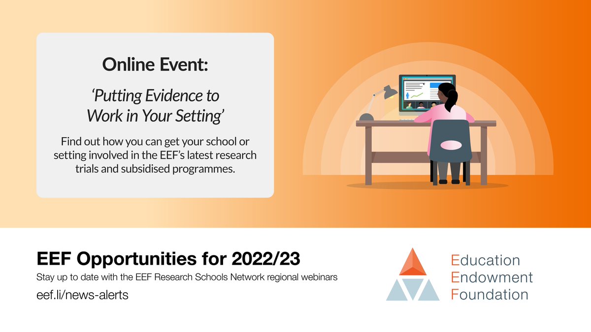 Putting Evidence to Work in Your Setting, 2023 opportunities <a href="/EducEndowFoundn/">EEF</a> 
Join our regional webinar, learn about how you can get your school or setting involved in EEF’s latest research trials &amp; subsidised programmes.
Sign up: tfaforms.com/5041061