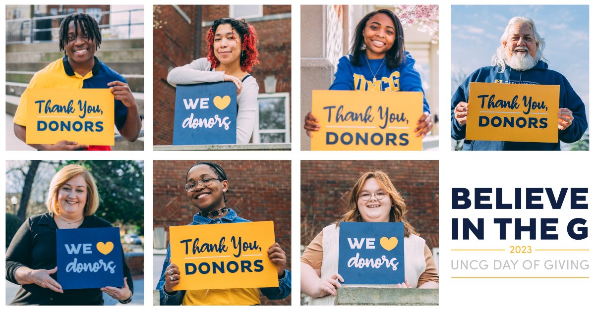 UNCG's tweet photo. THANK YOU DONORS!💙💛👏

We are now busy at work tallying up all of our #BelieveInTheG donations and gifts.

We look forward to reporting back on the final numbers in the coming week.
#UNCGWay #UNCGLightTheWay https://t.co/Ra4b7kLr1w