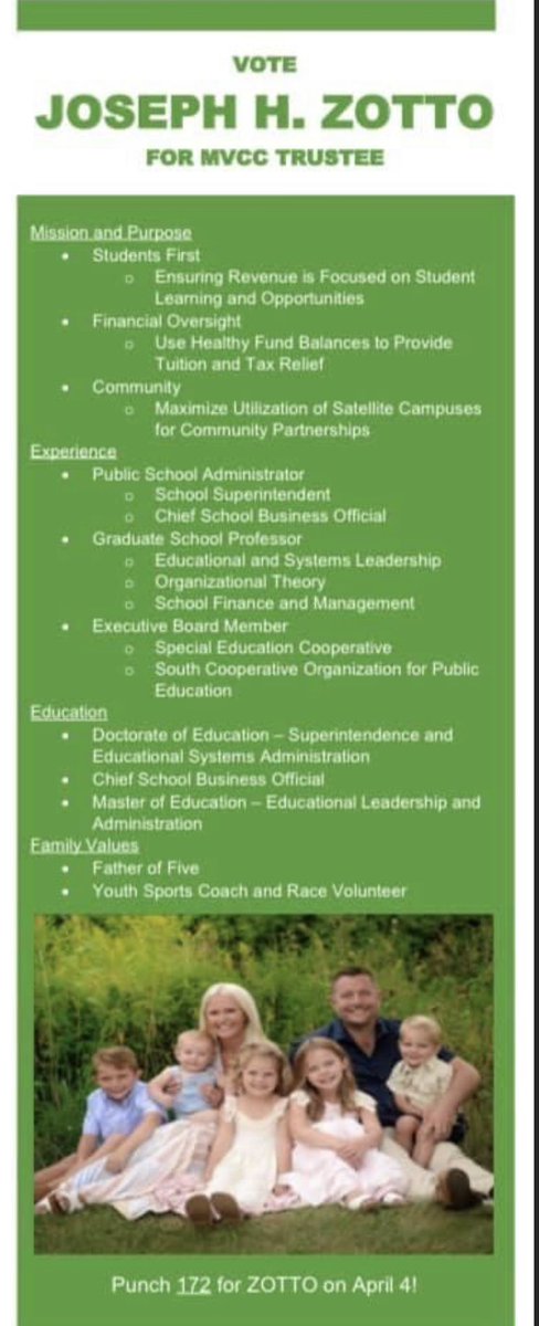 MVCC area friends get out and vote for Dr. Joe Zotto for Trustee on April 4 (or during early voting 😉) He has ample experience in educational leadership and is ready for the job!