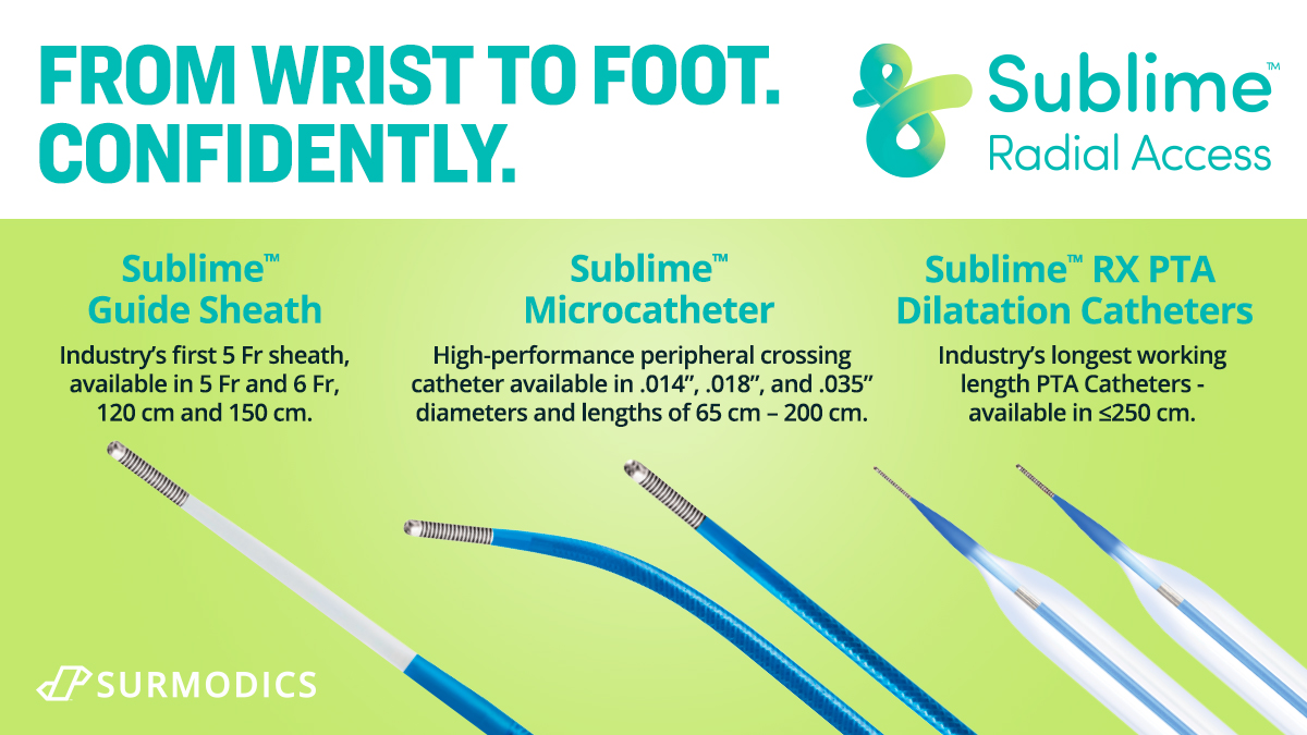 Surmodics's tweet photo. The Sublime⢠Radial Access Platform includes industry-first 5 Fr radial-length guide sheaths and ā¤250 cm working length PTA catheters. Coming soon: ā¤200 cm Sublime microcatheters. Rx only. #RadialAccess #RadialFirst #SublimeTime https://t.co/GxKM8UTdMd. https://t.co/QS9SrzpIto
