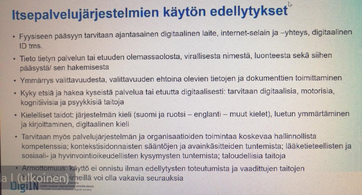 ErjaSaarinen's tweet photo. Hienoa puhua tässä webinaarissa palveluita käyttävien ihmisten arjen ja #järjestöt näkökulmasta, mutta sitäkin hienompaa kuunnella tutkijoiden, kuten @Ulla_Buchert @DigiIn analyysia: paljon ihmisiltä vaaditaan, jotta itsepalveludigipalveluita pystyy käyttämään. #digiosallisuus https://t.co/yZ41TXuXwl