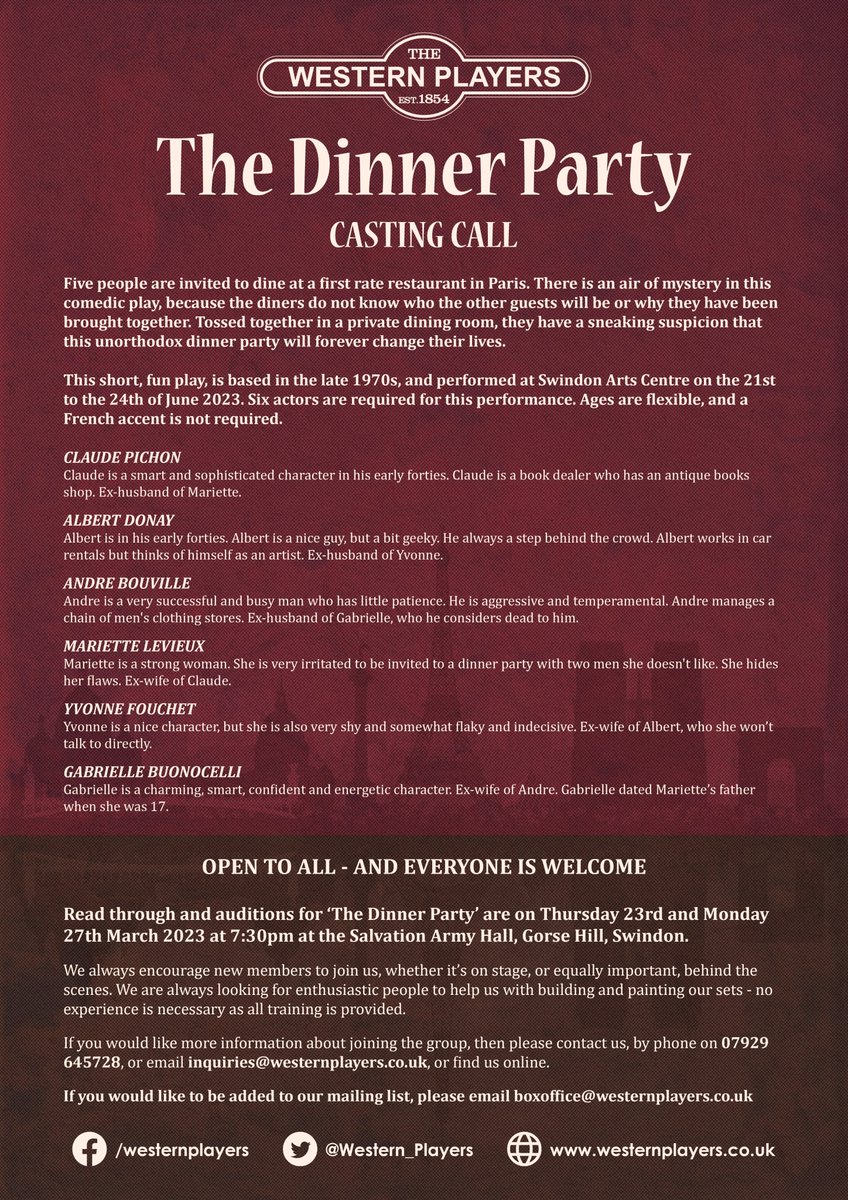 Here we go again!

We've enjoyed a little rest after 'Third Week In August' but it's time to look forward to the Summer show 'Dinner Party' by Neil Simon and as always, this is your perfect chance to get involved!