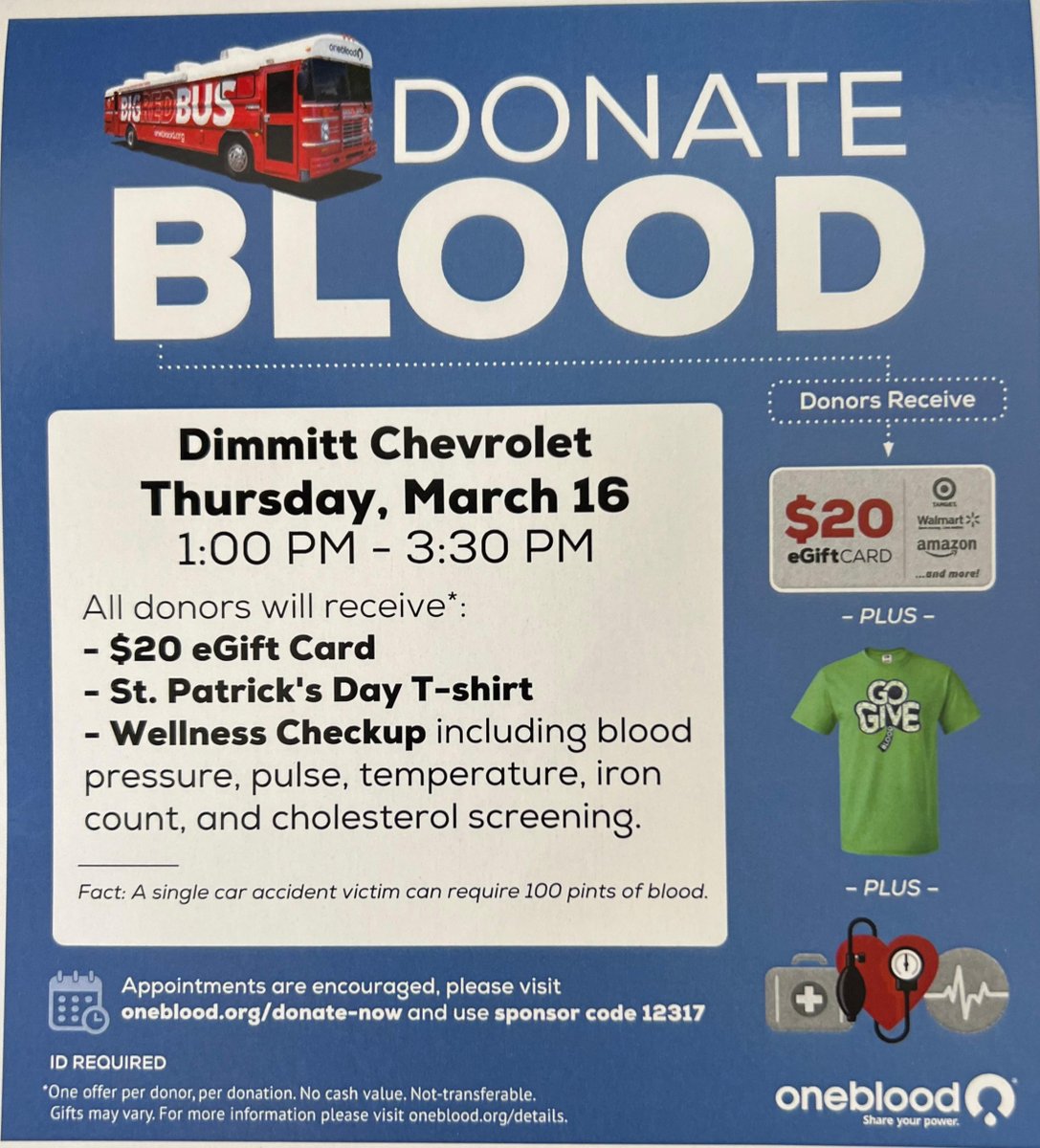 🩸 #OneBlood will be at #DimmittChevrolet today from 1pm - 3:30pm with their #BigRedBus for anyone who wishes to donate blood.