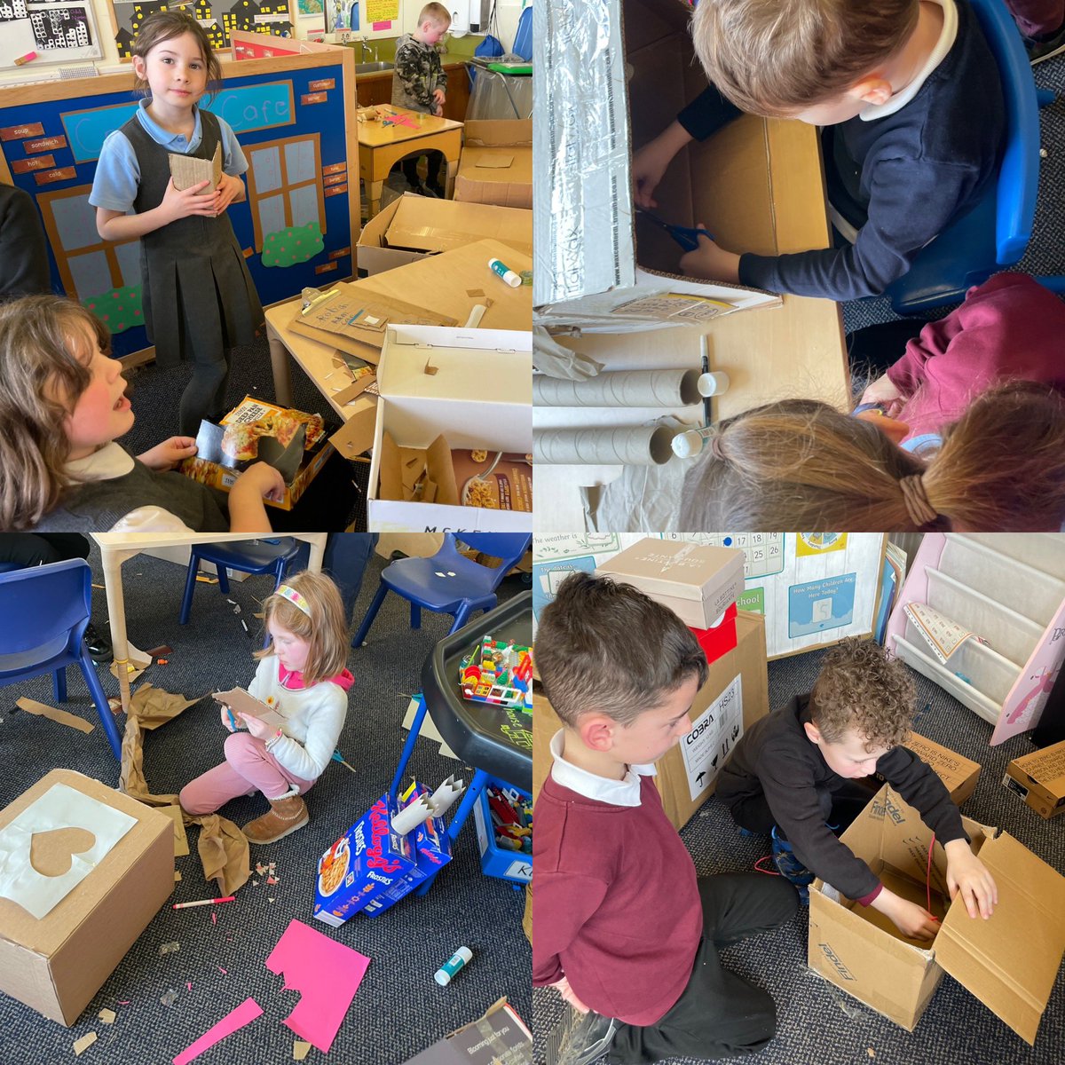 crosshill_ps's tweet photo. Cardboard box day is well underway in class 1. We’ve got some amazing creations and teamwork going on.  #imaginationstation @STEMLearningUK #sacSTEM #crosshillclass1 https://t.co/zMHQbnirWw