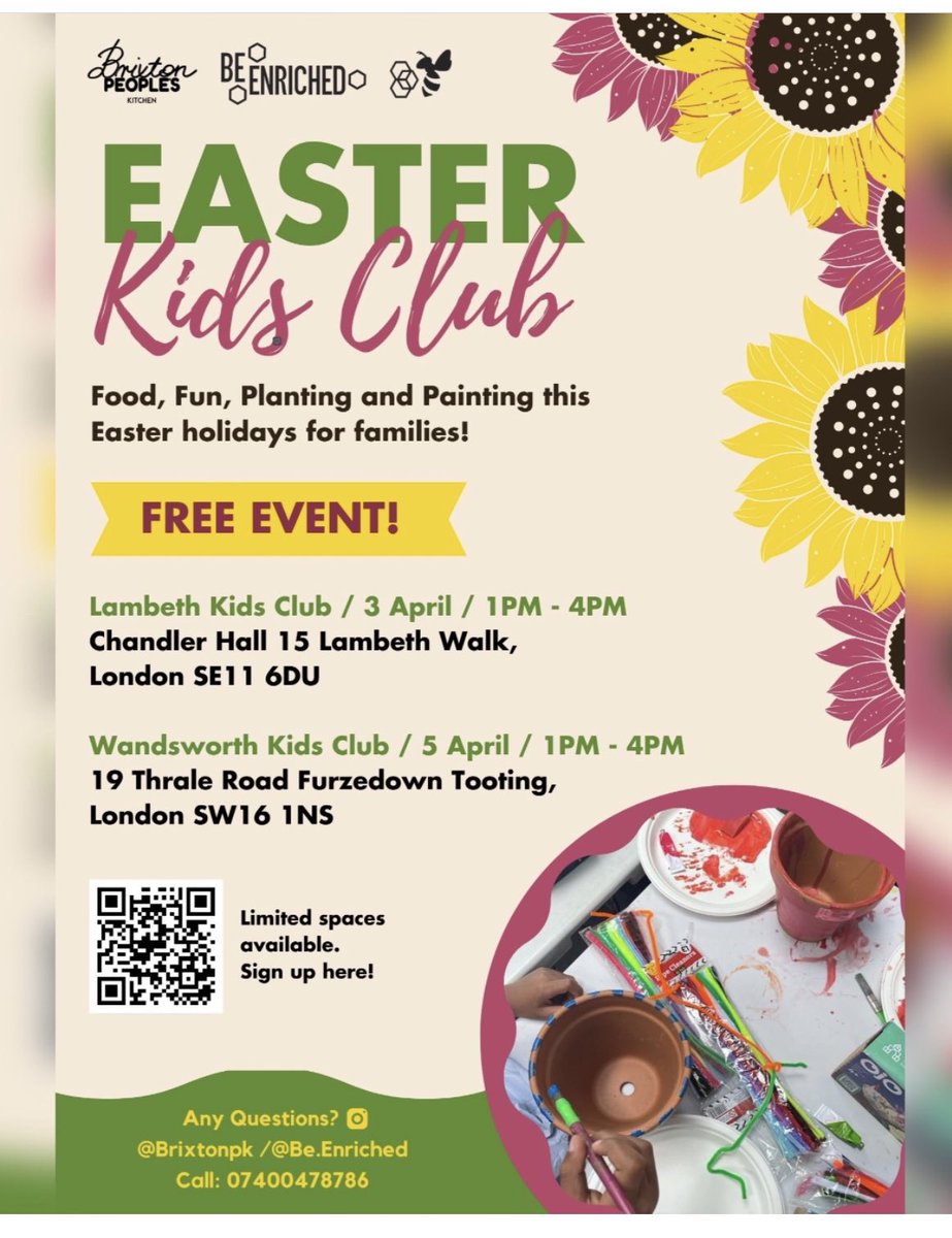 Join in for an egg-citing #Easter Kids Club event in April! This FREE event is open to families in #Stockwell #lambeth too - includes free food and a workshop with "Be Enriched." Book quickly as spaces are limited - see flyer #event #easter #families