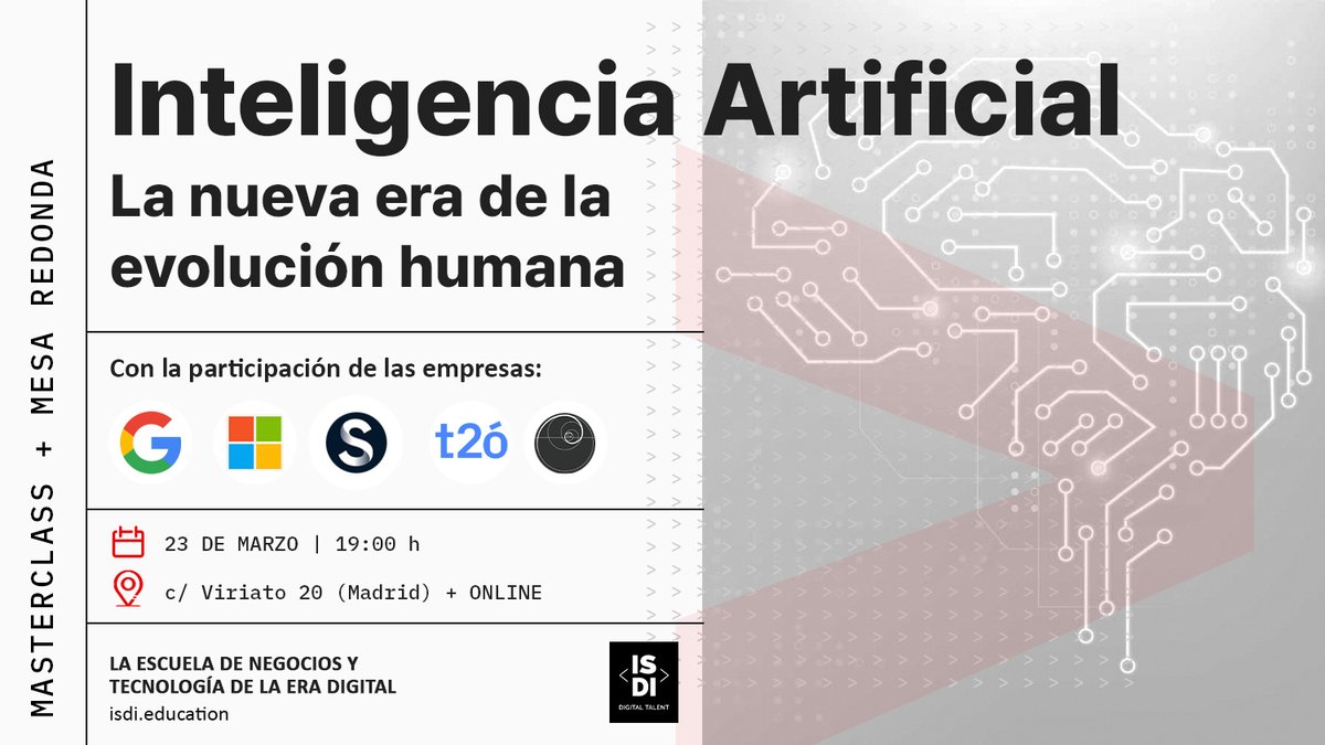 ISDI (@isdi_edu) on Twitter photo ¡El evento + esperado! 🤖 Descubre todo sobre #InteligenciaArtificial generativa y únete a nuestra mesa redonda. Expertos de <a href="/MicrosoftES/">Microsoft España</a> <a href="/GoogleES/">Google España</a> <a href="/sngular/">Sngular</a> @t2o_sp y #BigOnion nos contarán todos los secretos ¡Apúntate ya! ow.ly/4vPe50NjVN5
#TheWorldISDIgital ¡El evento + esperado! 🤖 Descubre todo sobre #InteligenciaArtificial generativa y únete a nuestra mesa redonda. Expertos de <a href="/MicrosoftES/">Microsoft España</a> <a href="/GoogleES/">Google España</a> <a href="/sngular/">Sngular</a> @t2o_sp y #BigOnion nos contarán todos los secretos ¡Apúntate ya! ow.ly/4vPe50NjVN5
#TheWorldISDIgital