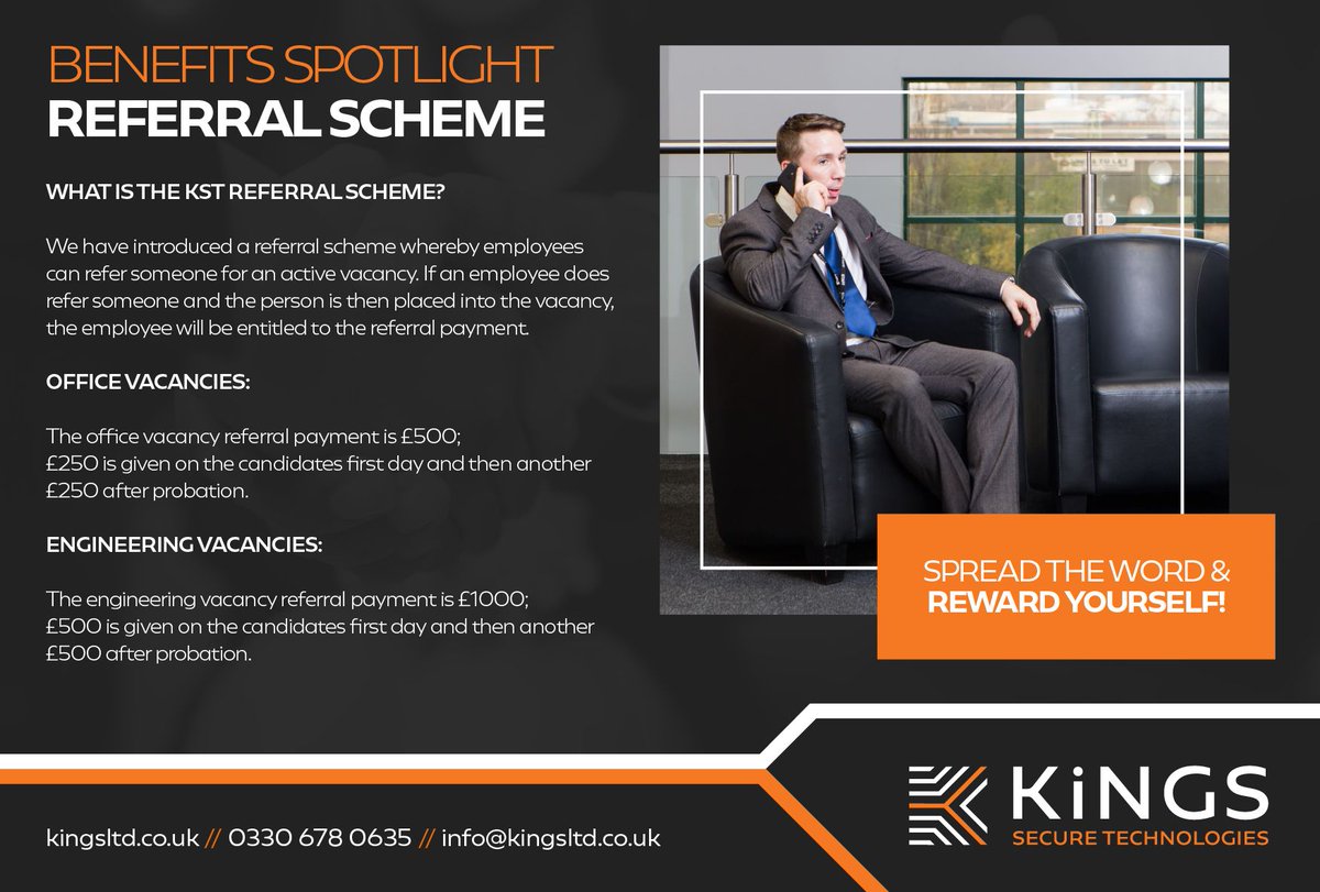 FireKst's tweet photo. ๐ #Benefits Spotlight ๐
When you join #TeamKST, we have some amazing #staffbenefits for you to enjoy
1 is Our #ReferralScheme!
๐จโ๐ผ #SecurityOfficer #vacancy payment is ยฃ200
๐จโ๐ป #Office vacancy payment is ยฃ500
๐ฉโ๐ง #Engineering vacancy payment is ยฃ1000
contact HR for more #info! https://t.co/li6X2p3iz7